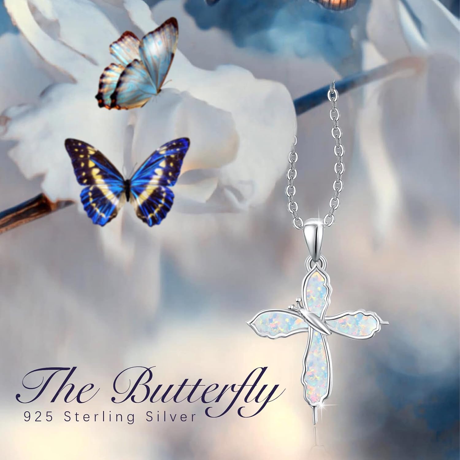 TUGHRA Opal Butterfly Necklace Cross Pendant, Confirmation Gifts for Teenage 925 Sterling Silver Irregular Butterfly Necklaces Jewelry Gift Daughter Mom Spiritual Gifts for Women - Image 2