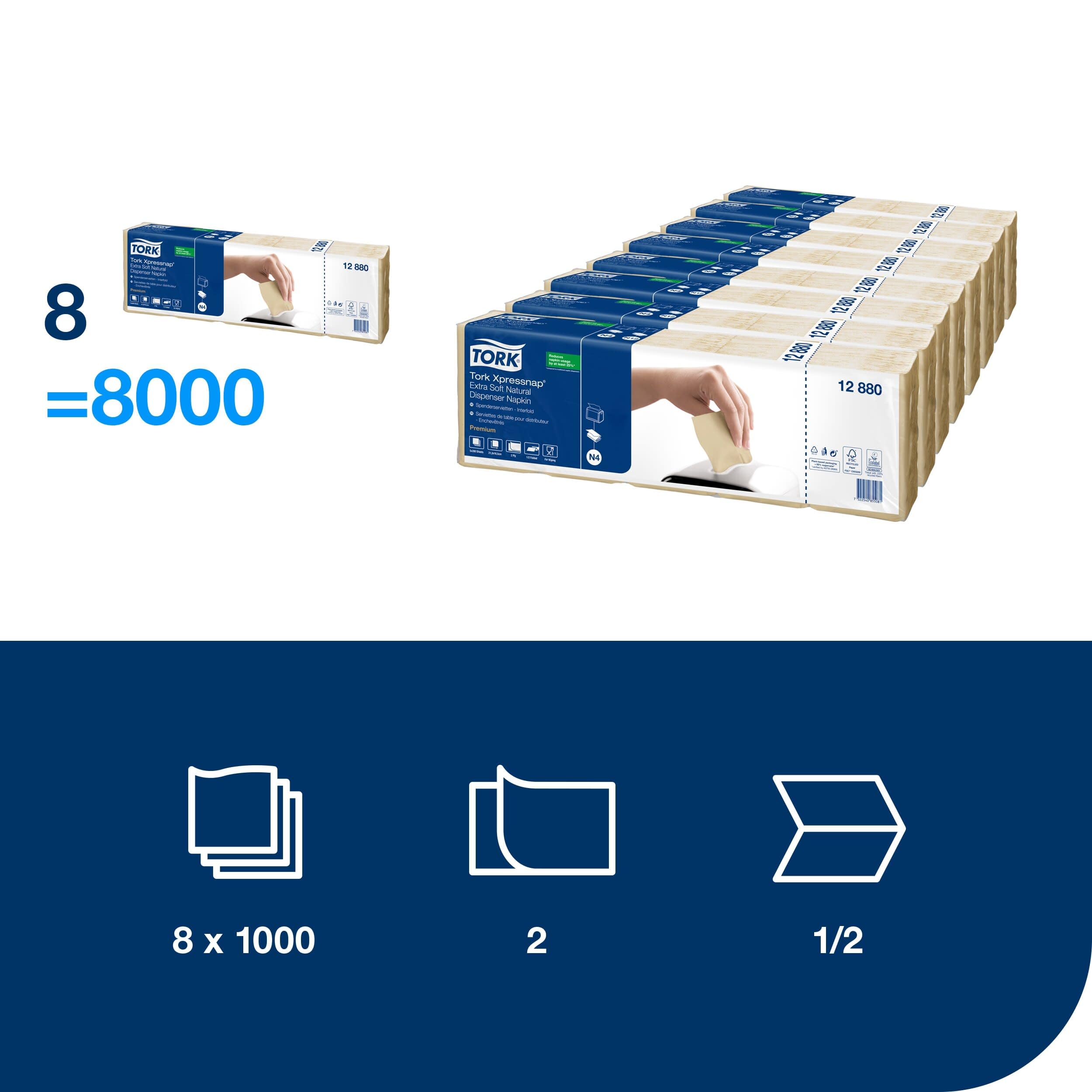 Tork Xpressnap Extra Soft Natural Napkin per Dispenser N4, Premium, piegato 1/2, 2 veli, 21 cm x 17 cm, 8 x 1000 pezzi, 12880