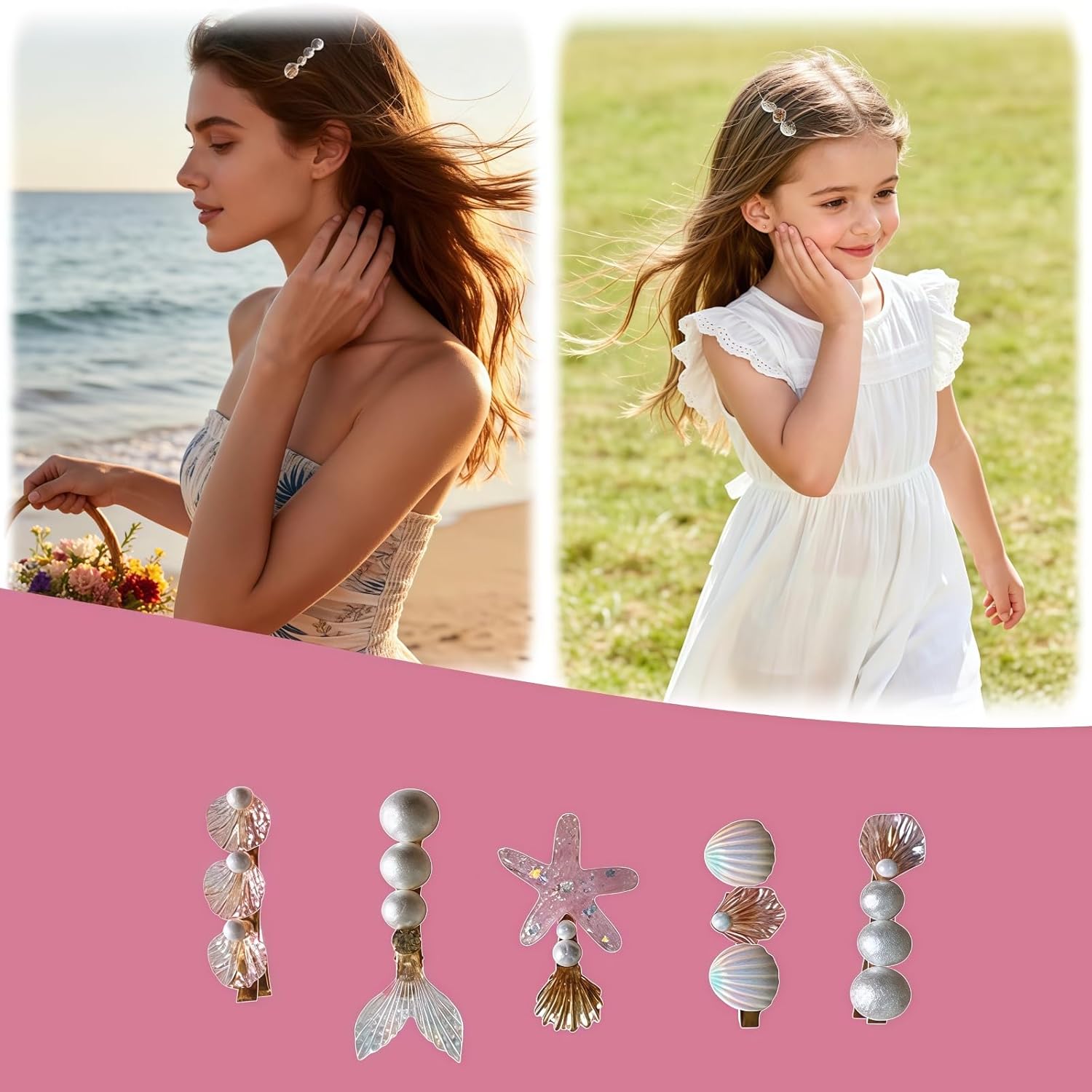 Starfish Hair Clips Set, 5 PCS Mermaid Seashell Clips for Women, Small Ocean Hair Clip for Mermaid Beach Costume Party, Cute Pink Sea Shell Hair Clips for Valentine's Day, Birthday Gifts - Image 5