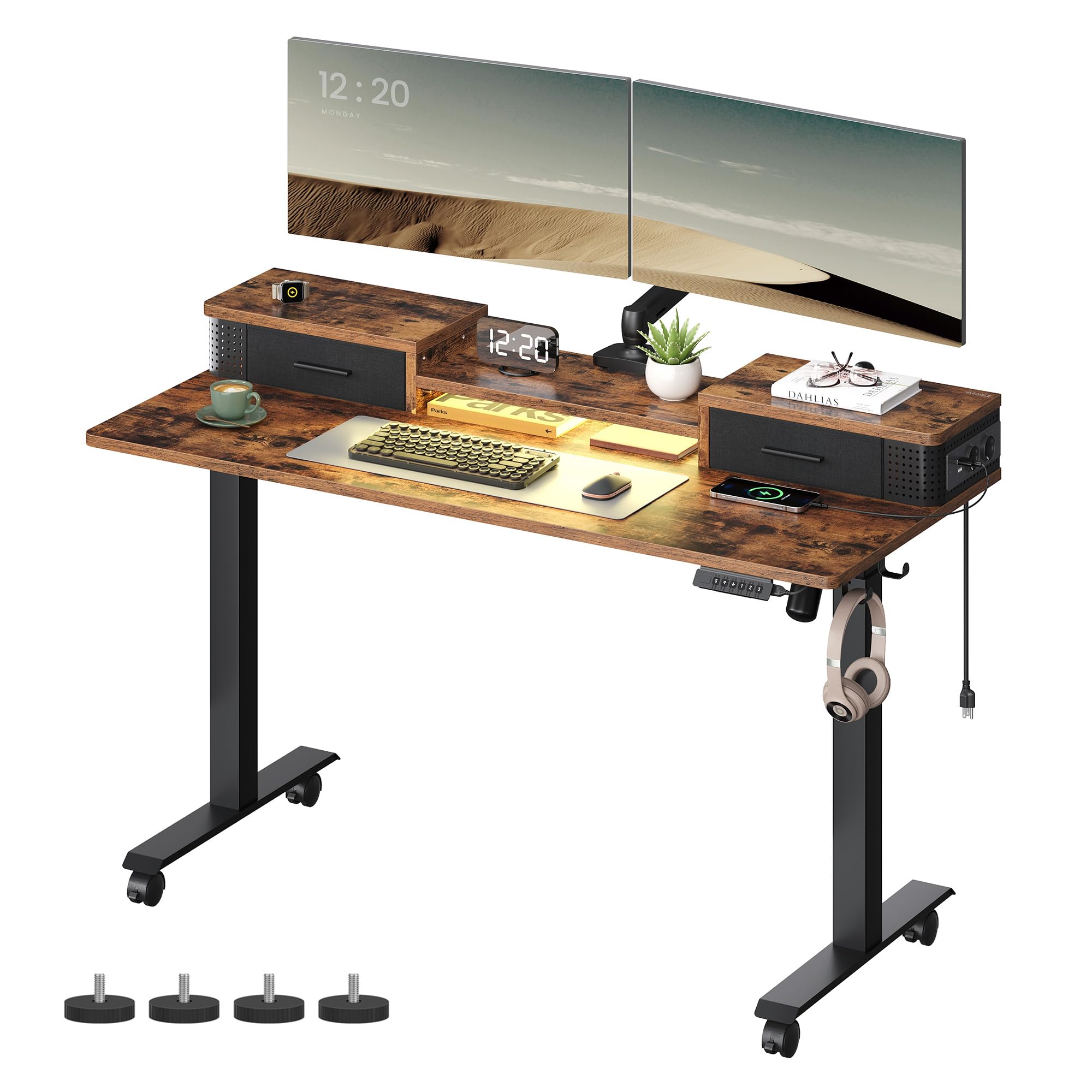 vasagle electric standing desk with drawers, sit stand desk with built-in power strip, adjustable height, 23.6 x 55.1 inches, 2 hooks, memory function, for home office, rustic brown ulsd184x21