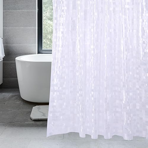 Cortina de ducha blanca impermeable 3D con patrón cuadrado y círculo. 71 x 71 pulgadas con 12 anillos de plástico. 1 unidad, color blanco.