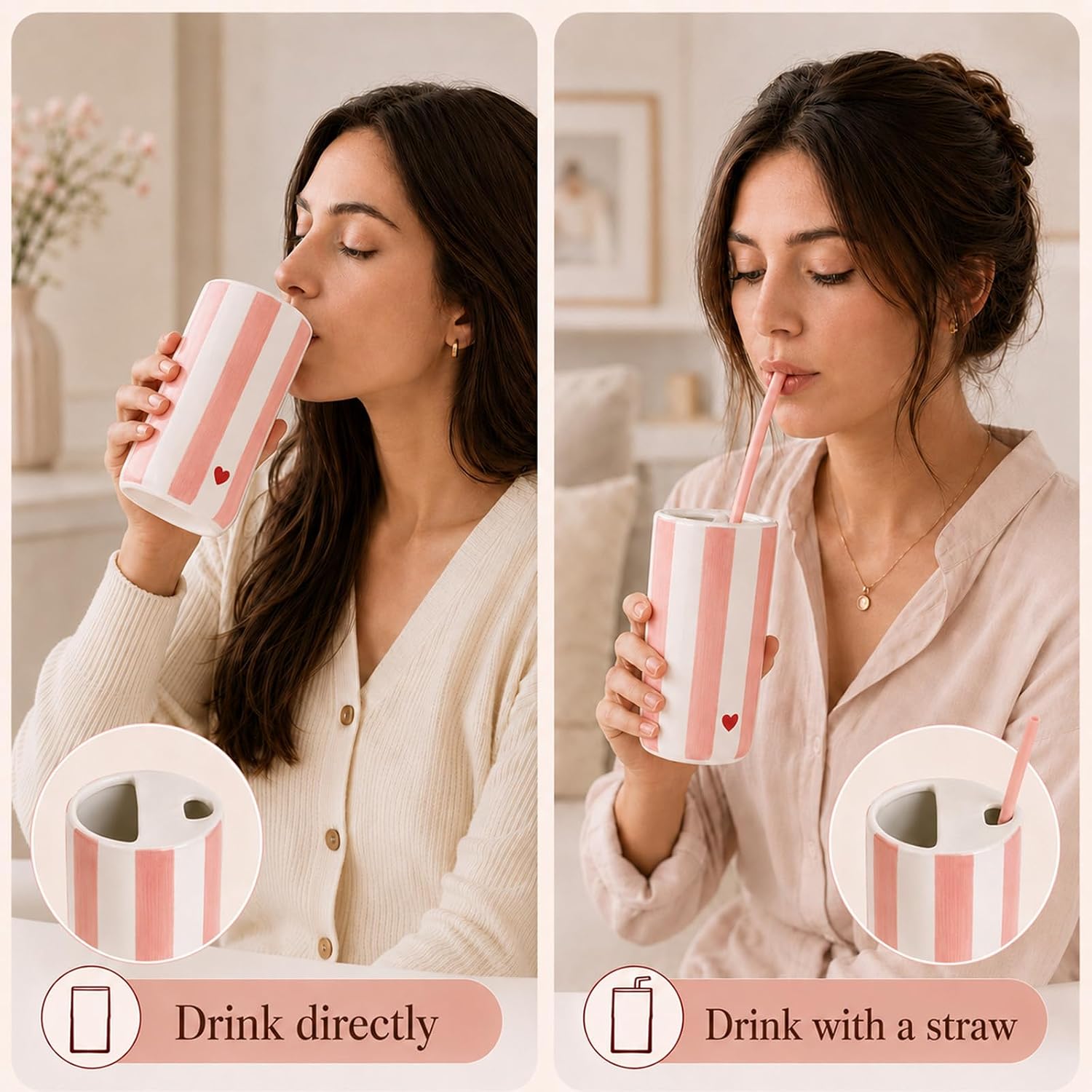 Ceramic Coffee Mug with Sip Hole 17oz To Go Ceramic Mug Striped