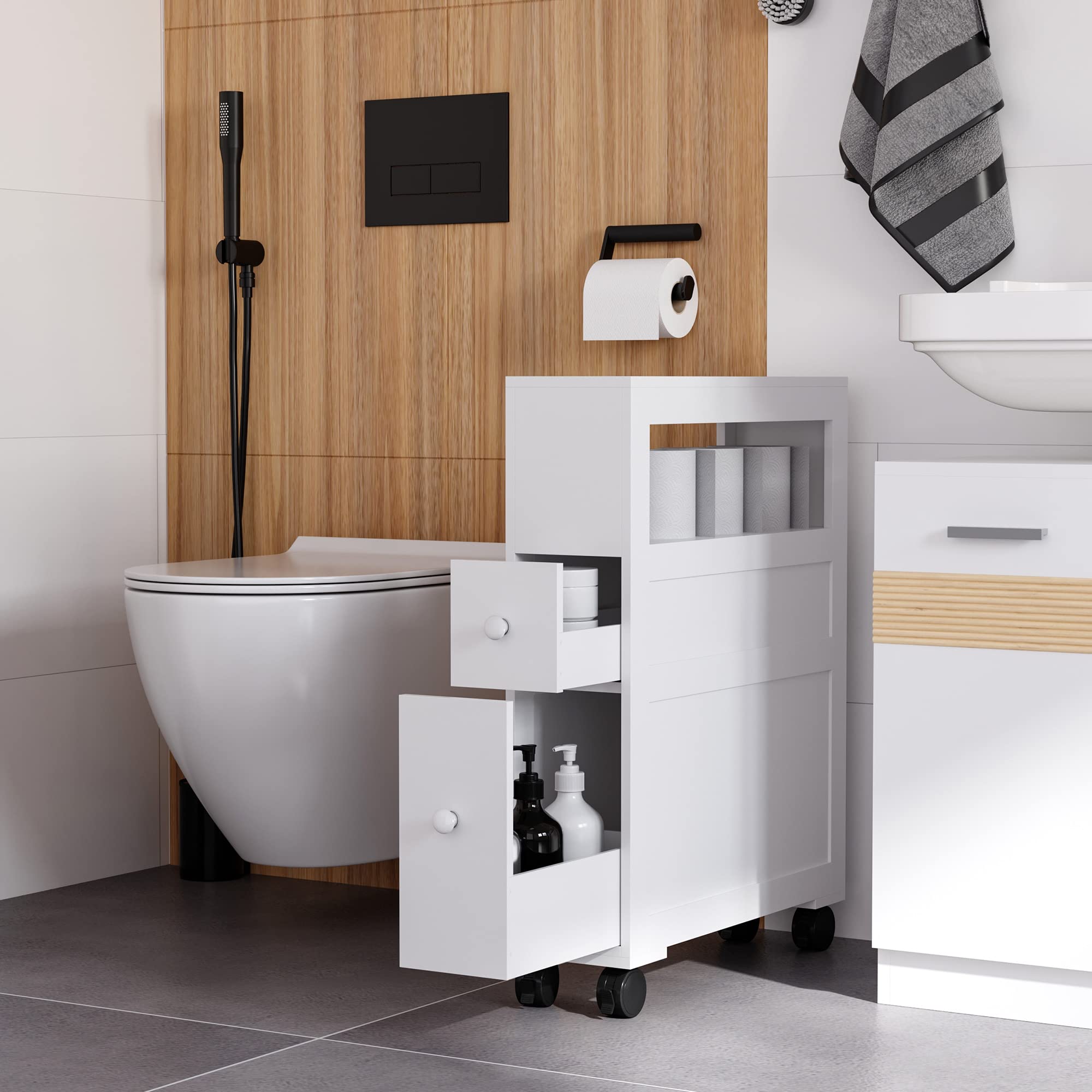 HOMCOM Armario de Baño con Ruedas Mueble de Baño Estrecho con 2 Cajones y Estante de Almacenamiento Carga 20 kg 16x52x71,5 cm Blanco