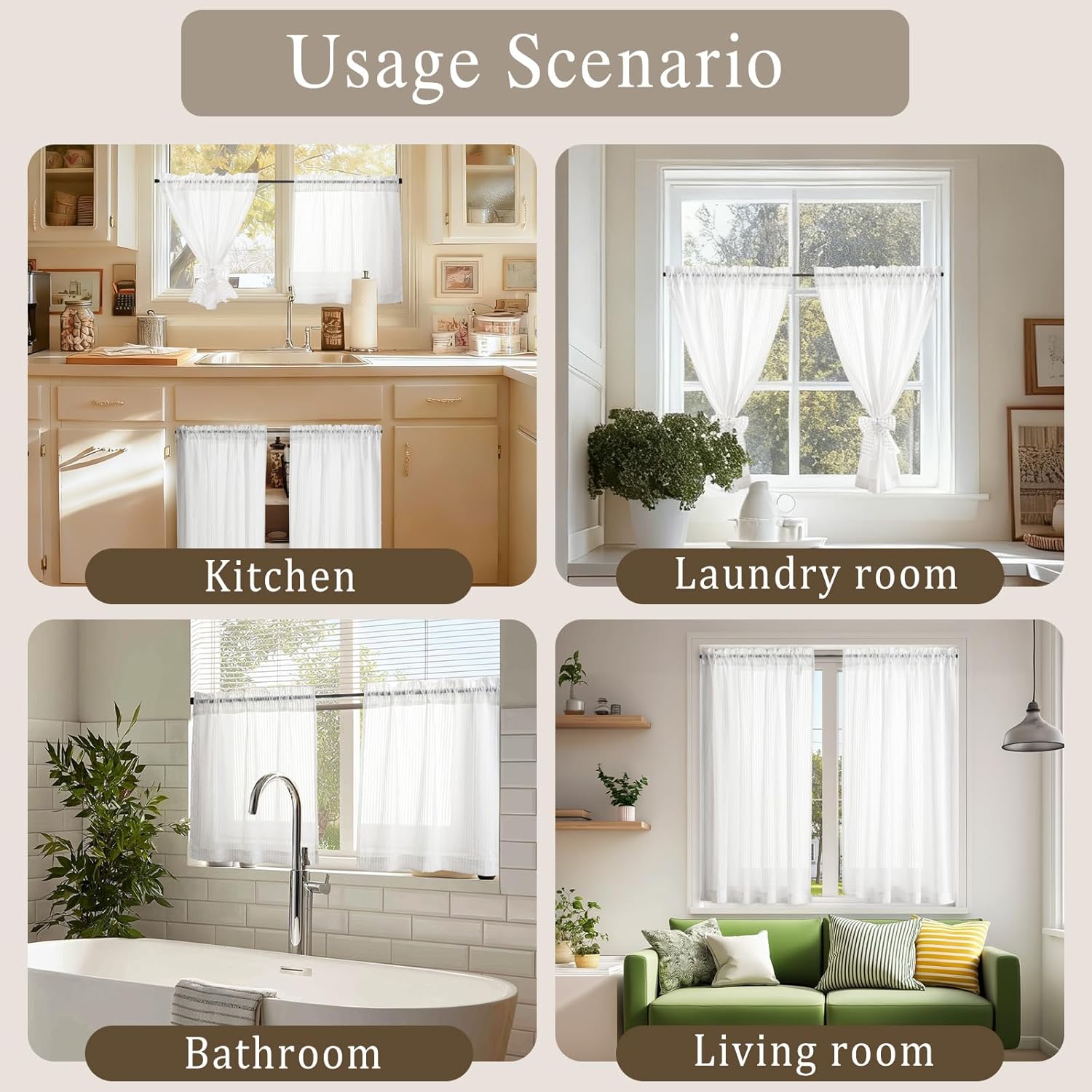 White Short Sheer Curtains 24 Inches Long 2 Panels Set for Kitchen Window, Rod Pocket Light Filtering Sheer Tier Curtains for Small Laundry Room, RV, Camper Travel Trailers, 38 W x 24 L