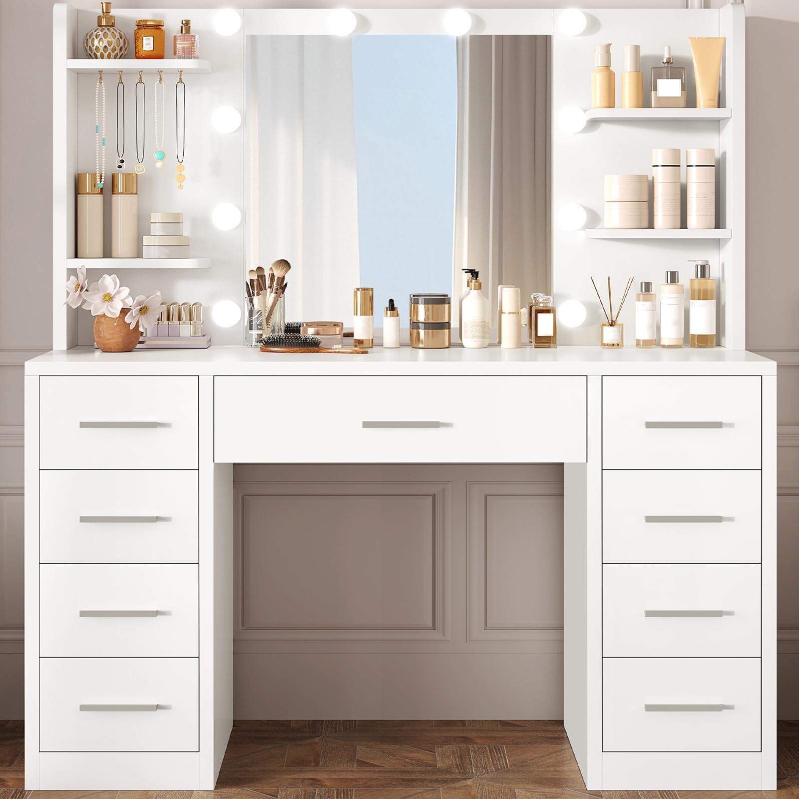 SLINEMO Dressing Table with Lighted Mirror, White Makeup Vanity with 9 Drawers & 6 Open Shelves & 5 Jewelry Hooks, 3-Color LED & Adjustable Brightness, Vanity Desk for Bedroom