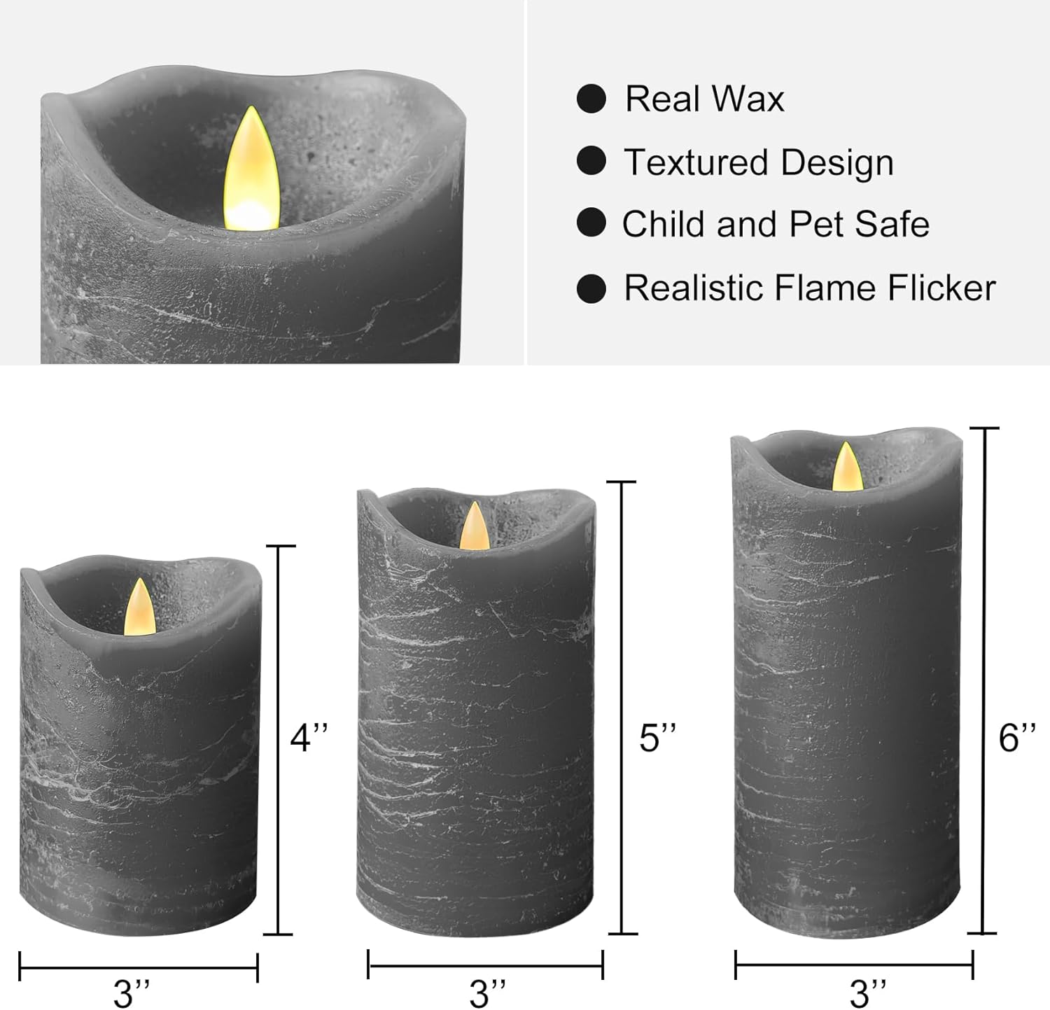 Real Wax Flameless Candles Set of 3 (D 3" x H 4" 5" 6") Battery Operated LED Candle with Timer Home Decorative Pillar Flickering Lights,Wedding Party Events Decor,Grey