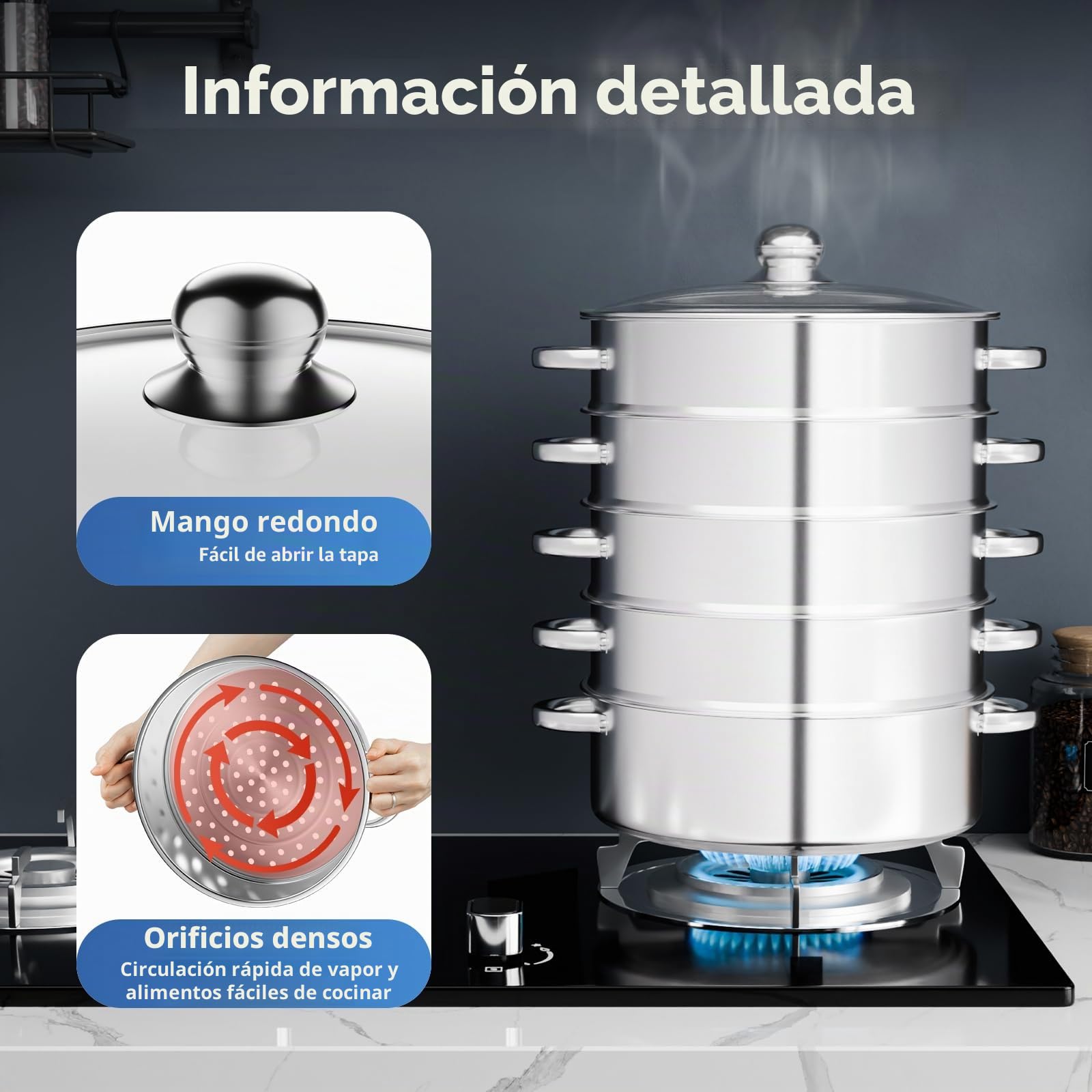 olla de vapor, acero inoxidable, 5 niveles, 30,5 cm de diámetro, para gas, inducción y cocinas eléctricas