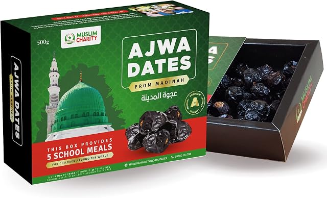 Muslim Charity Ajwa Dates from Madinah - Premium Quality Fiber Rich Delicious Dried Fruit Snack - Imported from Madinah, Saudi Arabia - 500g Ramadan Gift Box