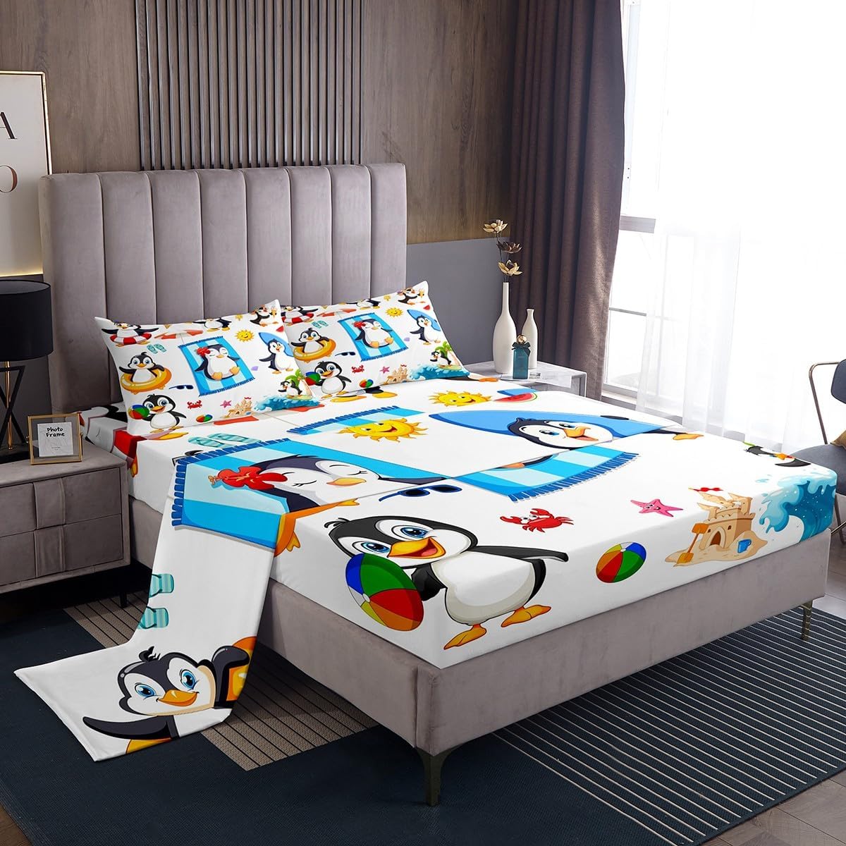 Castle Fairy Surfing Sports Bed Sheet Set Queen Size,Colorful Surf Themed Graffiti Painting Bedding Set for Children Adult,Surfboard Fish Stars Plaid Sheet Sets with Flat, Fitted Sheet, 2 Pillowcases