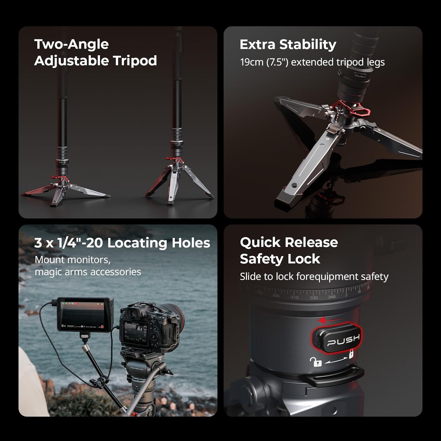 Four panels detailing additional features: Two-Angle Adjustable Tripod, Extra Stability with 19cm extended legs, 3 x 1/4 inch-20 Locating Holes, and Quick Release Safety Lock.