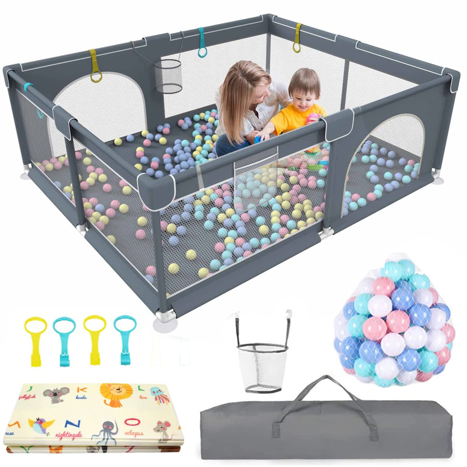 Baby Playpen with MAT, Playpen Fance for Toddlers, Large Baby Playard with 50PCS Balls with Playmats, Indoor & Outdoor Infant Safety Activity Center Anti-Slip Base, Children's Fences Packable