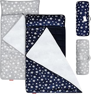 Toddler Nap Mat 2 Pack, Nap Mat for Kids Preschool, Daycare and Fleece Minky Blanket, Lightweight, Soft, Gray and Navy