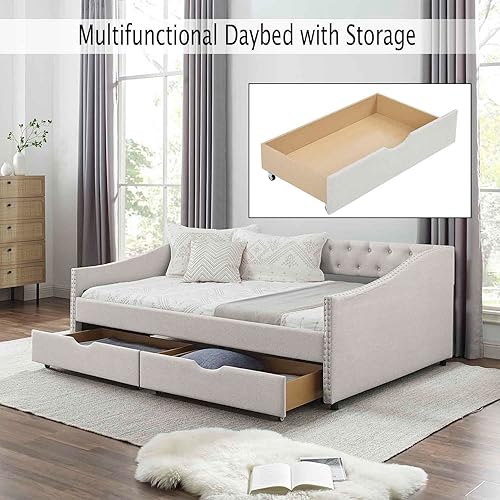 Miniatura 3 de Sofá cama matrimonial con 2 cajones, moderno sofá cama tapizado con botón en la espalda y clavos de cobre en los brazos, sofá cama, marco de cámara