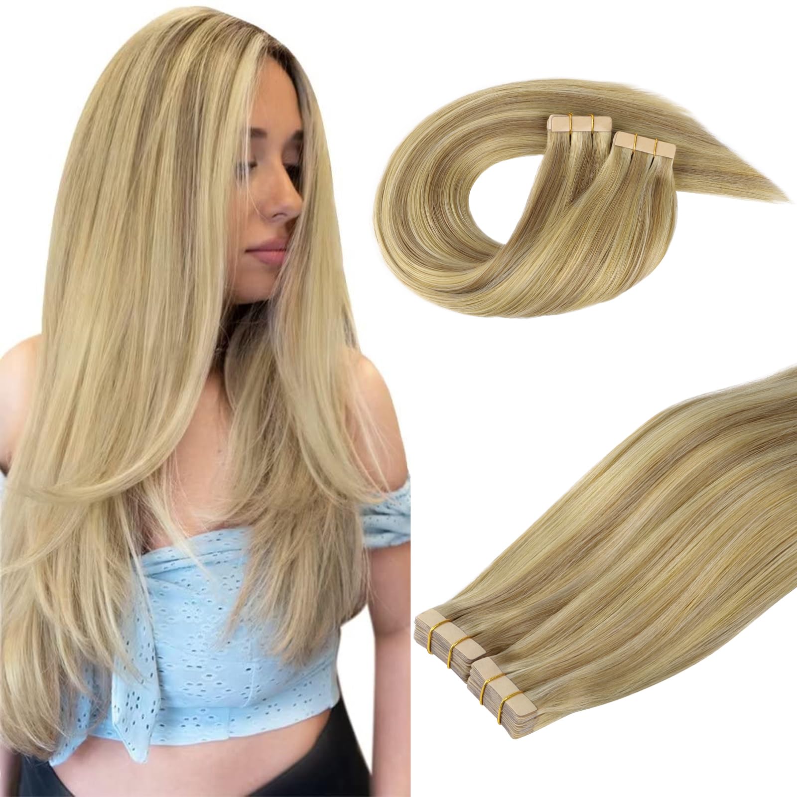 DOORES Tape in Hair Extensions, Light Blonde Highlighted Golden Blonde 40pcs 24 Inch 100g, Real Human Hair Extensions Tape in Skin Weft Hair Remy