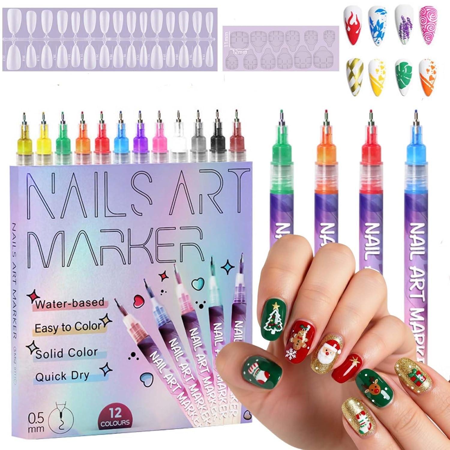12 Colors Nail Art Marker Pens Set with 30 Press On Nails and 12 Jelly Glue 0.5mm Nail Art Pen for 3D Nail Art Portable Nail Art Tools for Home Salon Nail Art Pen Set for Beginners