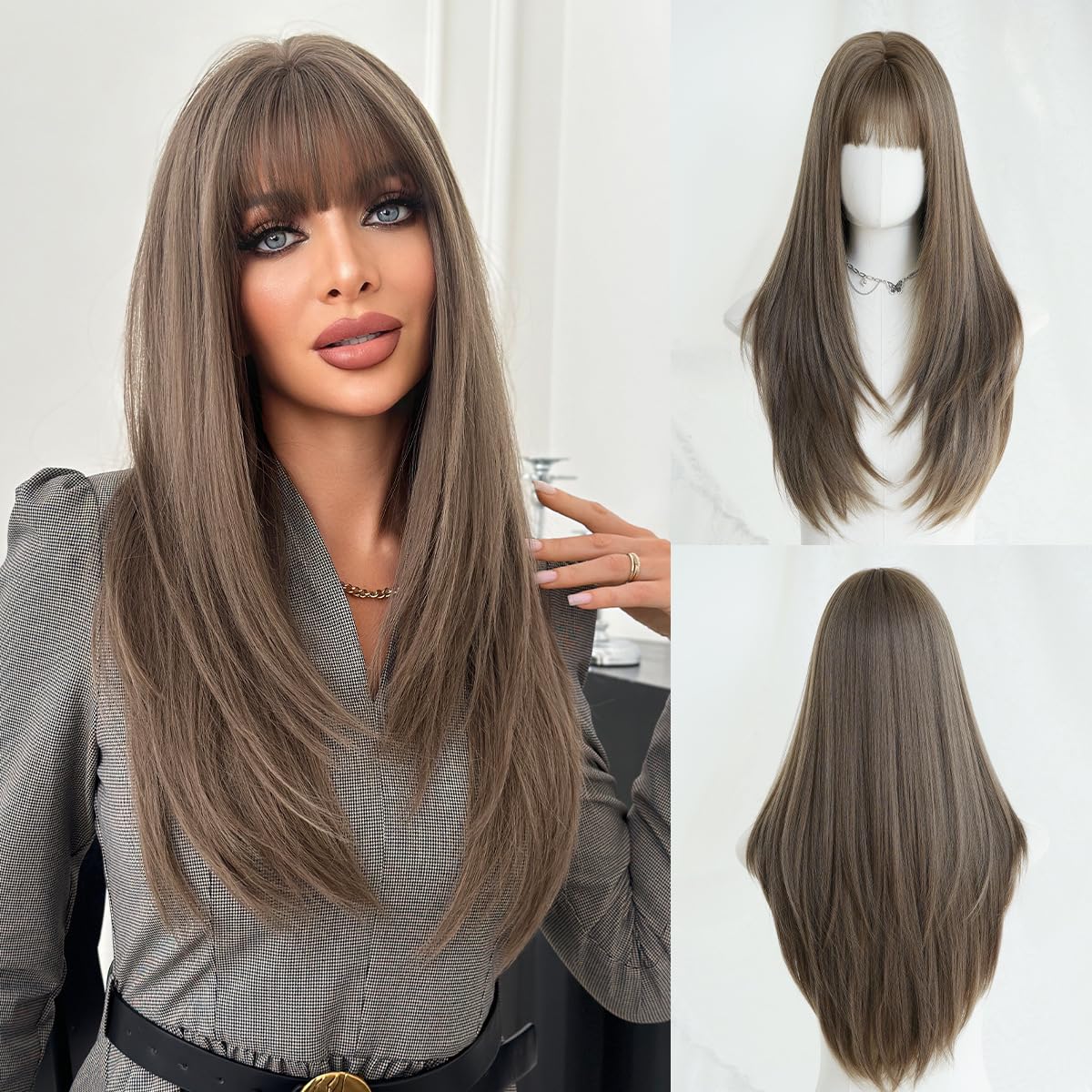Human Hair Wigs Shoulder Length Straight Layered with Bangs Natural Look for Women Lightweight Glueless Youthful Style (Tea Brown-28in)