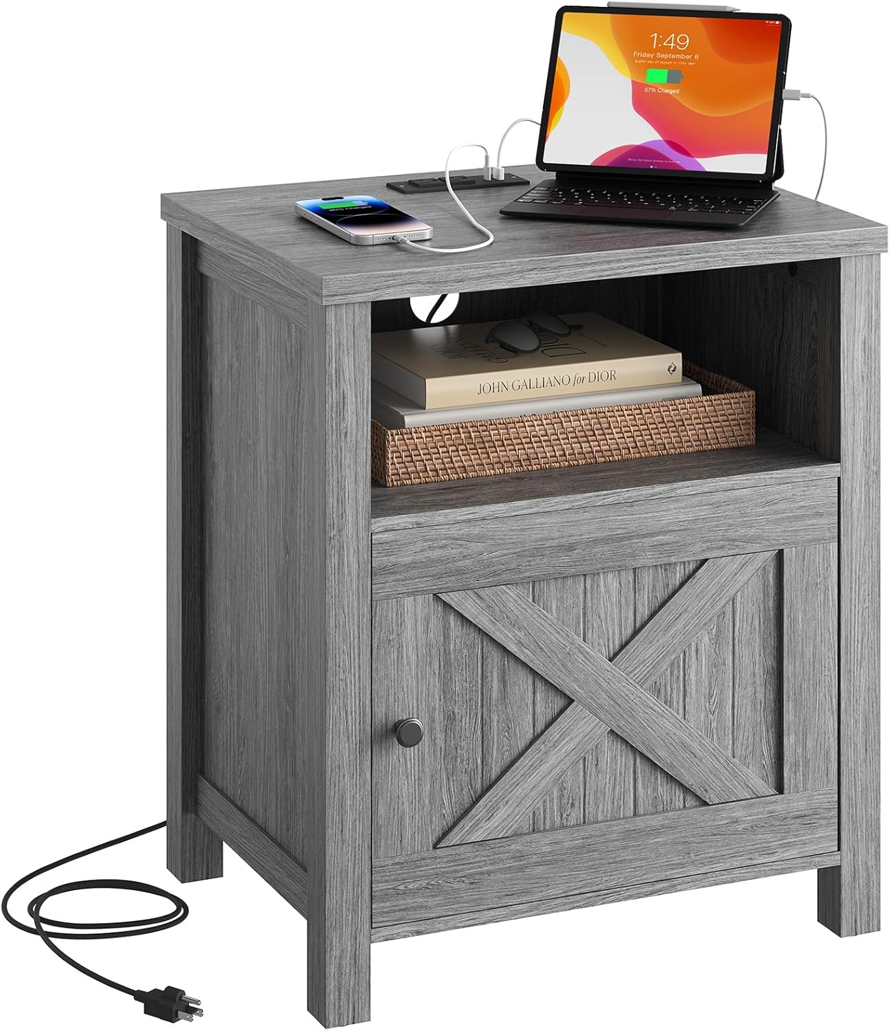 Pipishell Night Stand Set 2, Farmhouse Bedside Table Set of 2 with Open Shelf, Enclosed Cabinet, USB Port & AC Outlet, Wood Side Table with Storage for Bedroom, Gray, 2 Pack