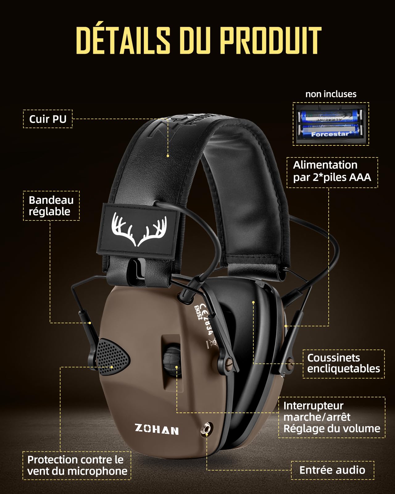 ZOHAN 054 Casque Anti Bruit de Tir Electronique avec 4 patch Protection auditive electronique Casque antibruit Reduction du bruit Amplification du son Casque antibruit pour la chasse Tir SNR 27dB