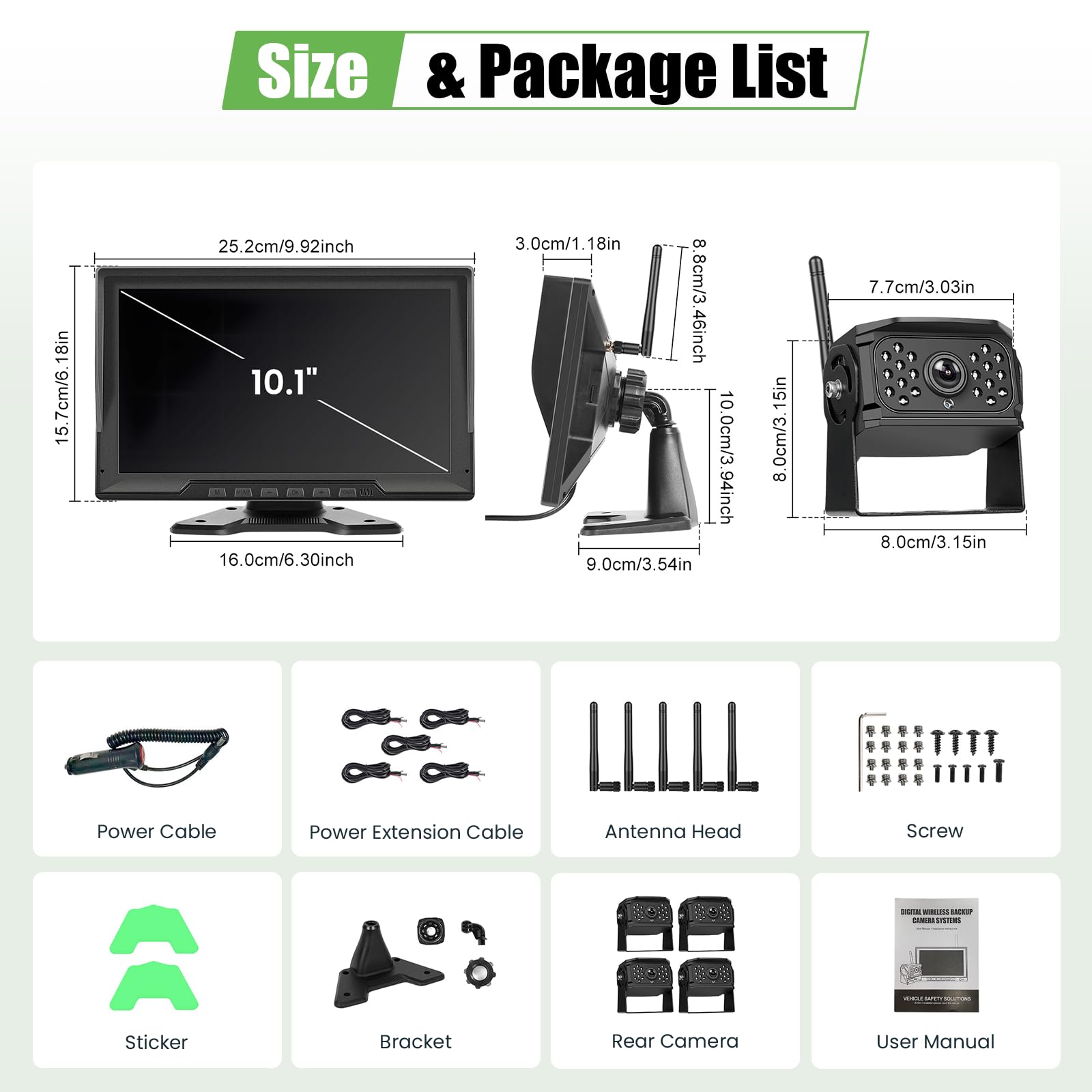Cámara atrás Digital inalámbrica 4 cámaras, Monitor de Marcha atrás IPS HD de 10,1 Pulgadas con Pantalla Dividida y función de grabación, visión Nocturna, Monitor DVR y Resistente al Agua IP68