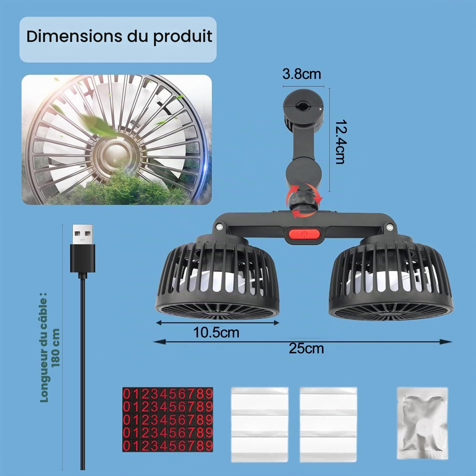Ventilateur de voiture double tête portable rotation 360° USB 5 V 3 vitesses