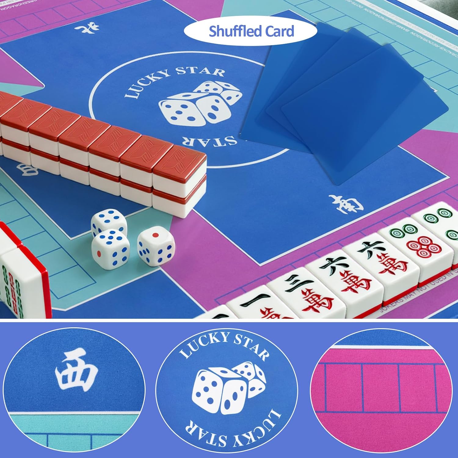 Mahjong Mat with Rules for Table with 6 Mahjong Playing Instructions,4Tile Mixer,4Dice & Carrying Bag,Non-Slip and Silent Travel Mahjong Set for Mahjong/Poker/Board Games/Card Games/Dominoes (Blue-2)