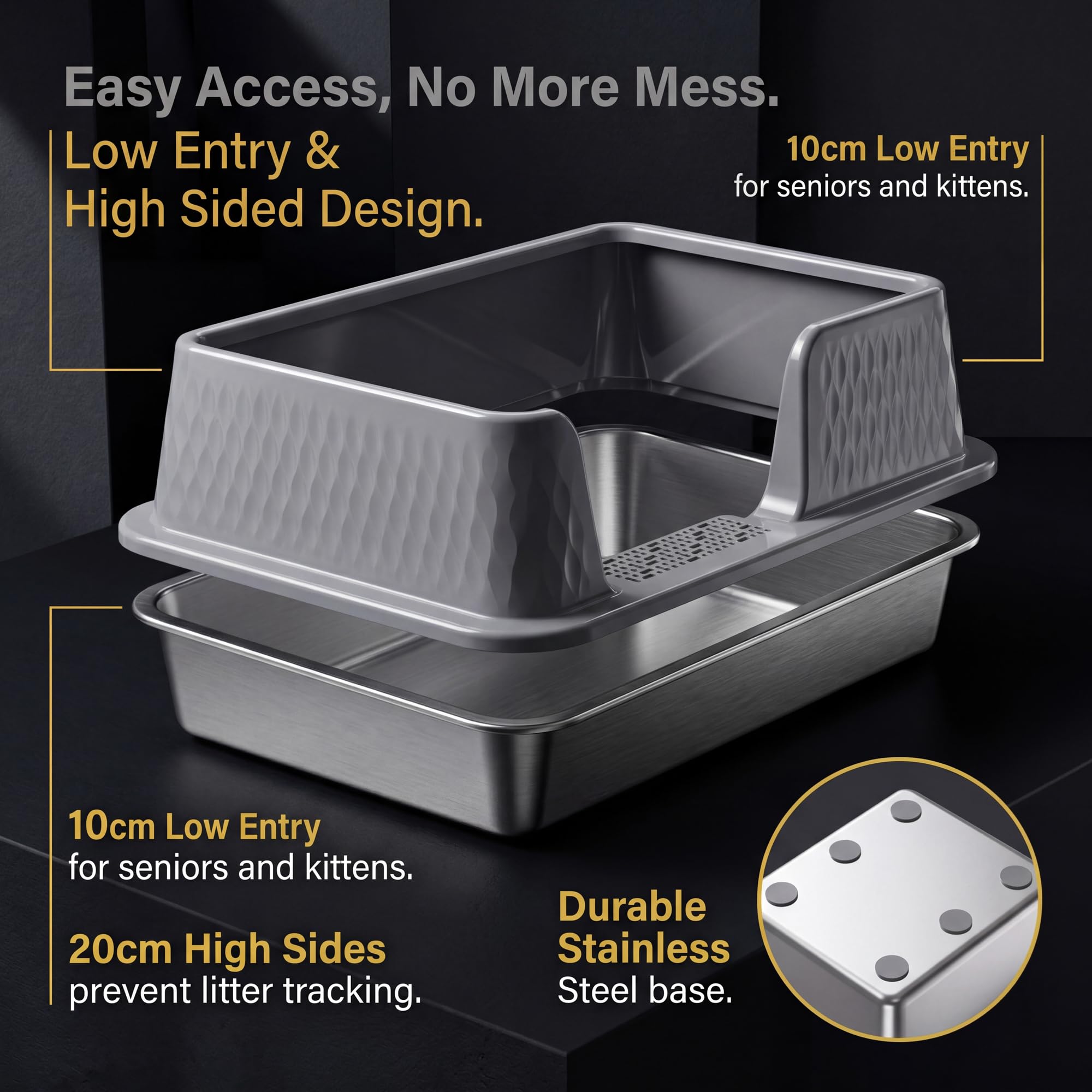 Suhaco bac à litière pour Chat en Acier Inoxydable avec Couvercle et Pelle pour Toilettes pour Chats High Edge XL Facile à Nettoyer Grand bac à litière pour Chat (L, Gris)