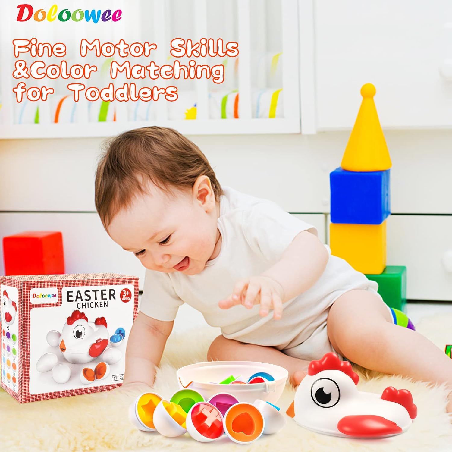 Doloowee Easter Eggs Toddler Toys with 6 Educational Eggs, Chicken Egg Toys Shape Sorter, Montessori Baby Toys 12-18 Months Sensory Toys for Sorting and Matching Eggs, Gift for Girls Boys 1, 2,3+