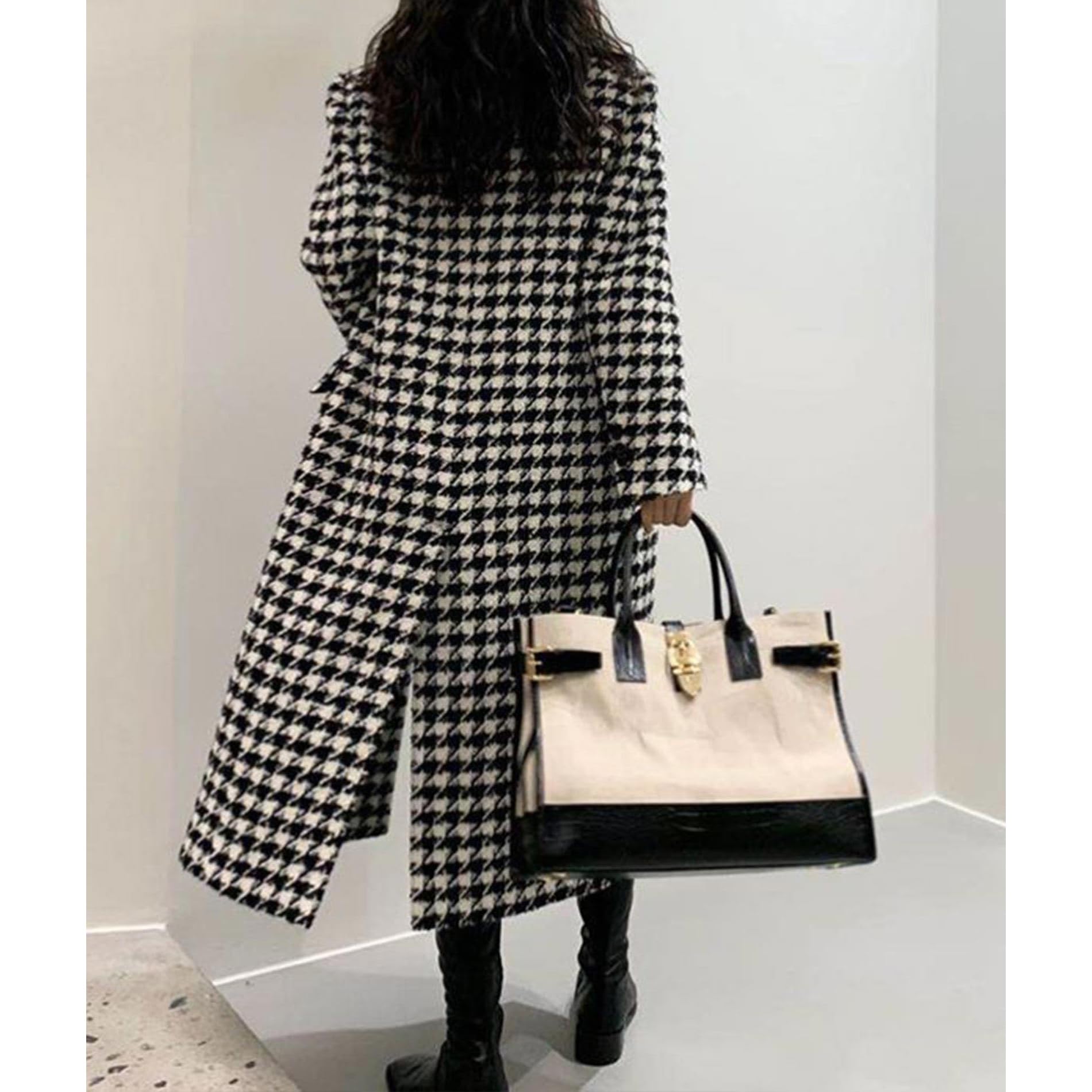 Damski płaszcz dwurzędowy typu peacoat, długa kurtka, elegancki płaszcz w pepitkę, modny płaszcz, kurtka zimowa, płaszcz przejściowy, kołnierz z klapami, kurtka casualowa