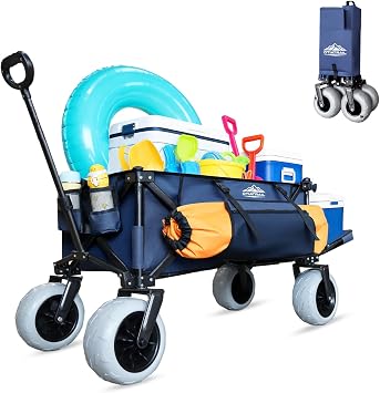 300L Foldable Beach Wagon with Tailgate, 9" Flat-Free PU Wheels, Heavy Duty Utility Wagon Cart for Camping, Sports, Shopping, Garden, Outdoor, Navy Blue