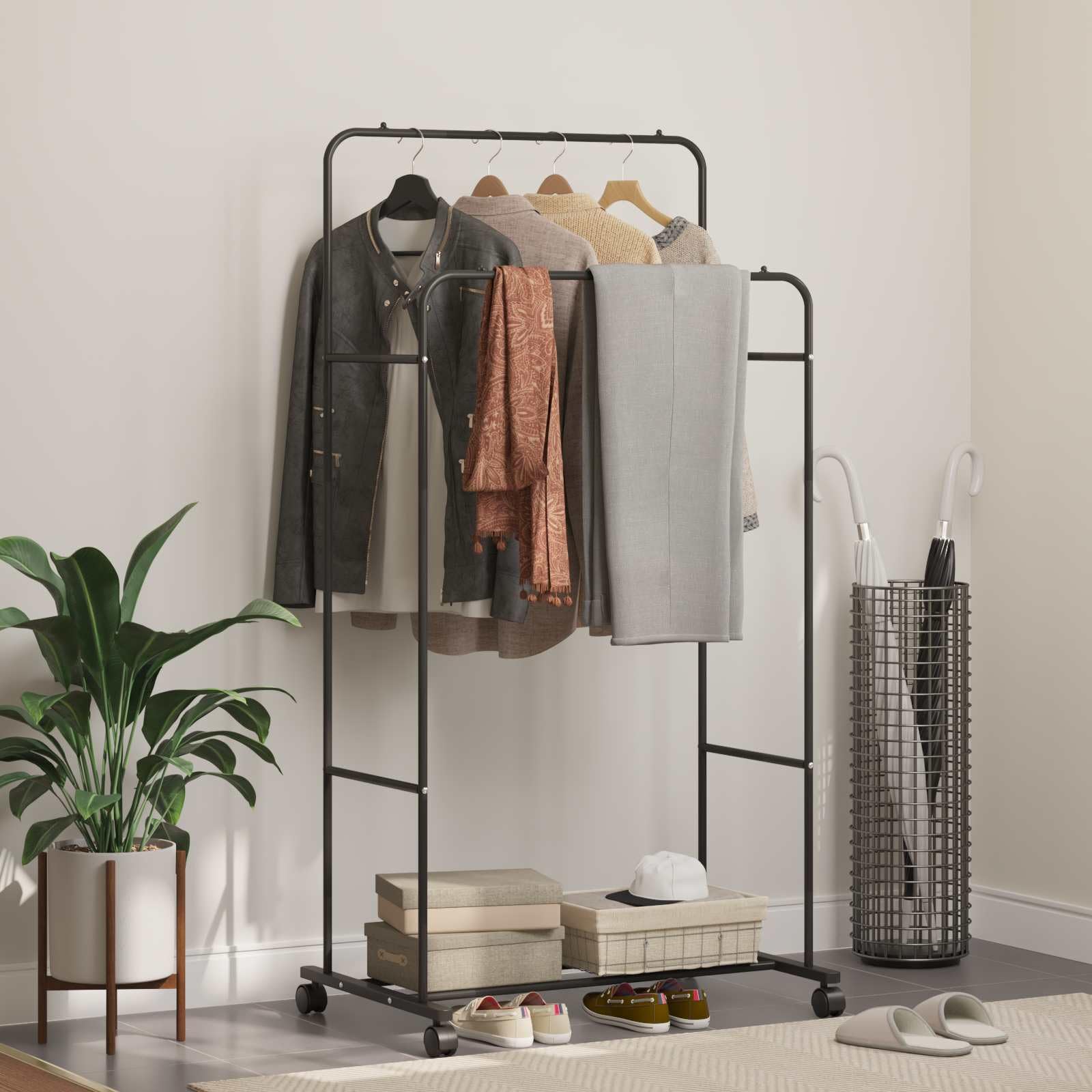 Kleiderständer Kleiderstange Garderobenständer Metall freistehend Schwarz 80 x 53 x 156 cm stabil platzsparend für Schlafzimmer Flur Wohnzimmer mit Rollen tragbar vielseitig