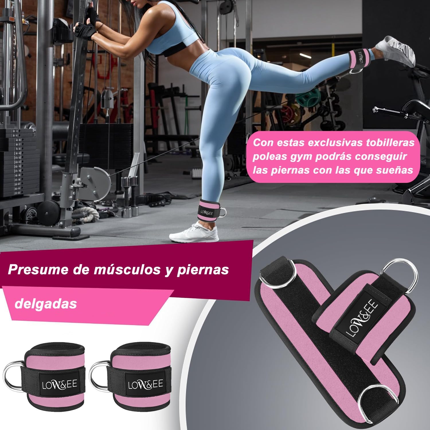 LOW&EE Confezione da 2 cavigliere per puleggie da palestra – Cavigliera imbottita per donne e uomini – Cinghia Caviglie Gym per macchina cavo fitness e palestra – Accessori palestra (rosa