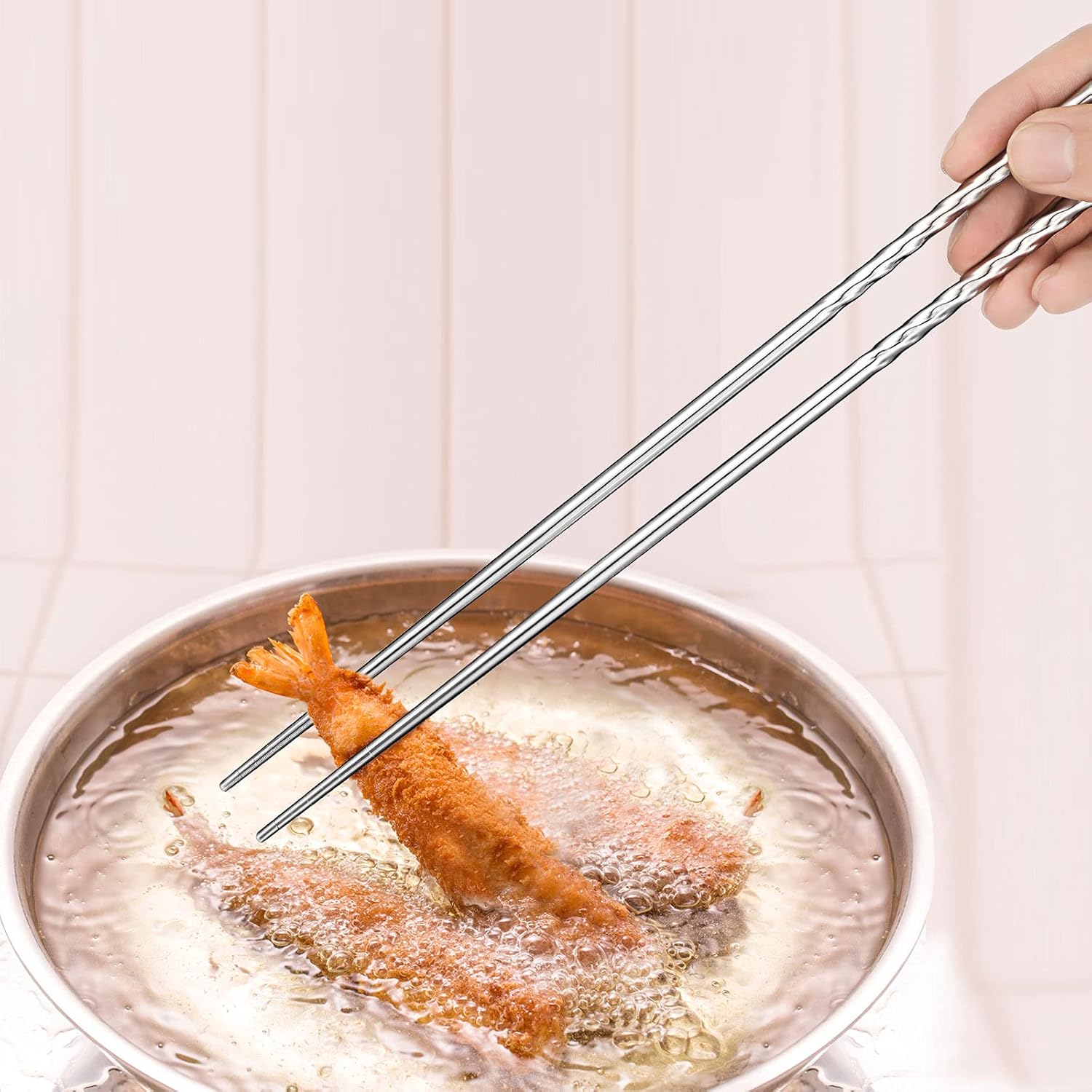 Patelai 4 Pairs Long Cooking Chopsticks 15.3", 16.5",Silver, Wood Color