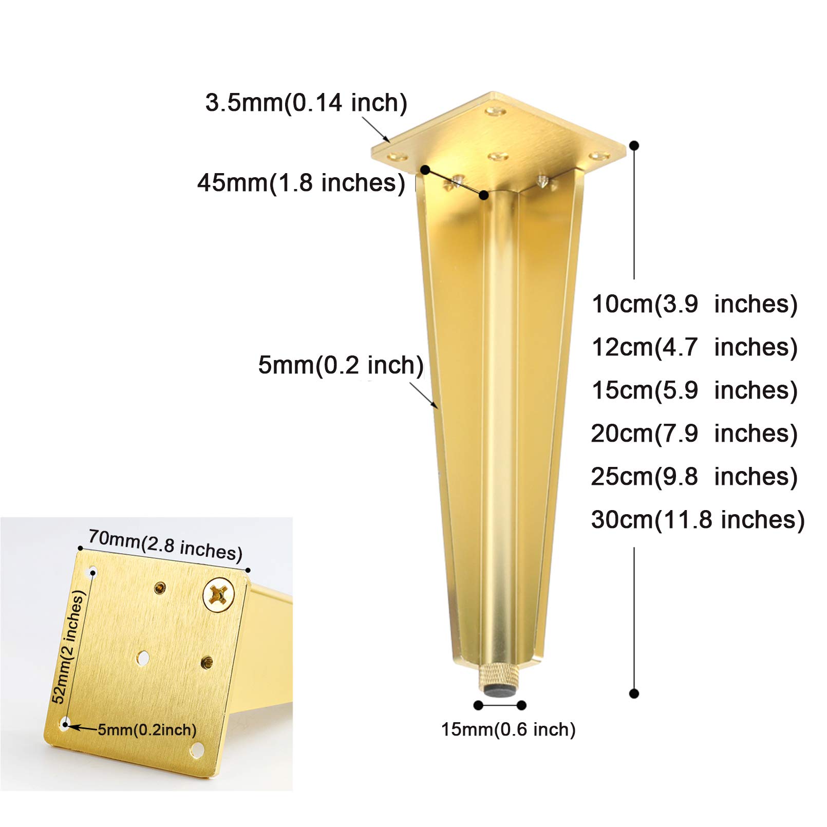 Gambe per mobili, Gambe Regolabili per mobili, Confezione da 4 Piedini per mobili, Gambe per tavoli Conici Regolabili per mobili, Piedini da Cucina, per TV, scrivania, di，Gold-10cm