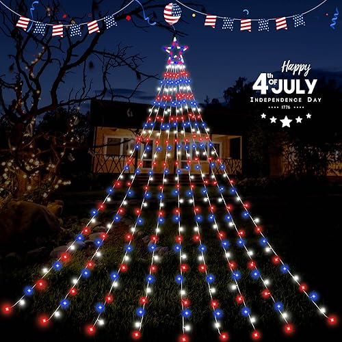 FUNIAO Decoración del 4 de julio, luces de adorno patrióticas para exteriores, 320 luces LED grandes, 8 modos de luces rojas, blancas y azules para