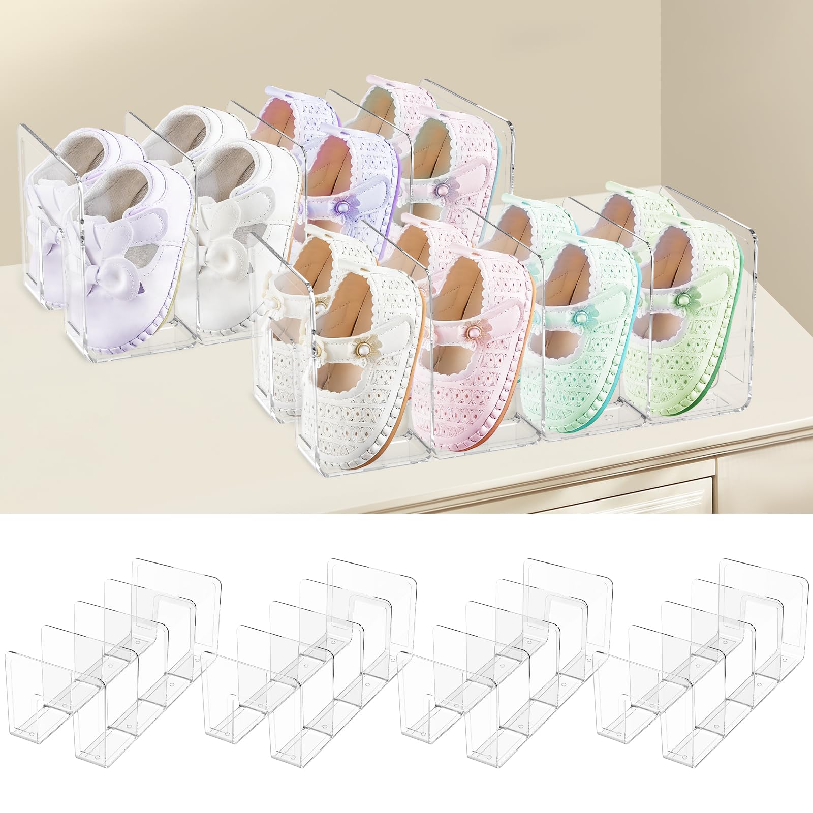 4 Pack Clear Acrylic Kids Shoe Rack for Closet Organizer 4 Sections Toddler Baby Shoe Storage Stackable Shoes Shelf Handbag Storage Desk File Sorter Book Purse Organizer for Bedroom Closet Dorm