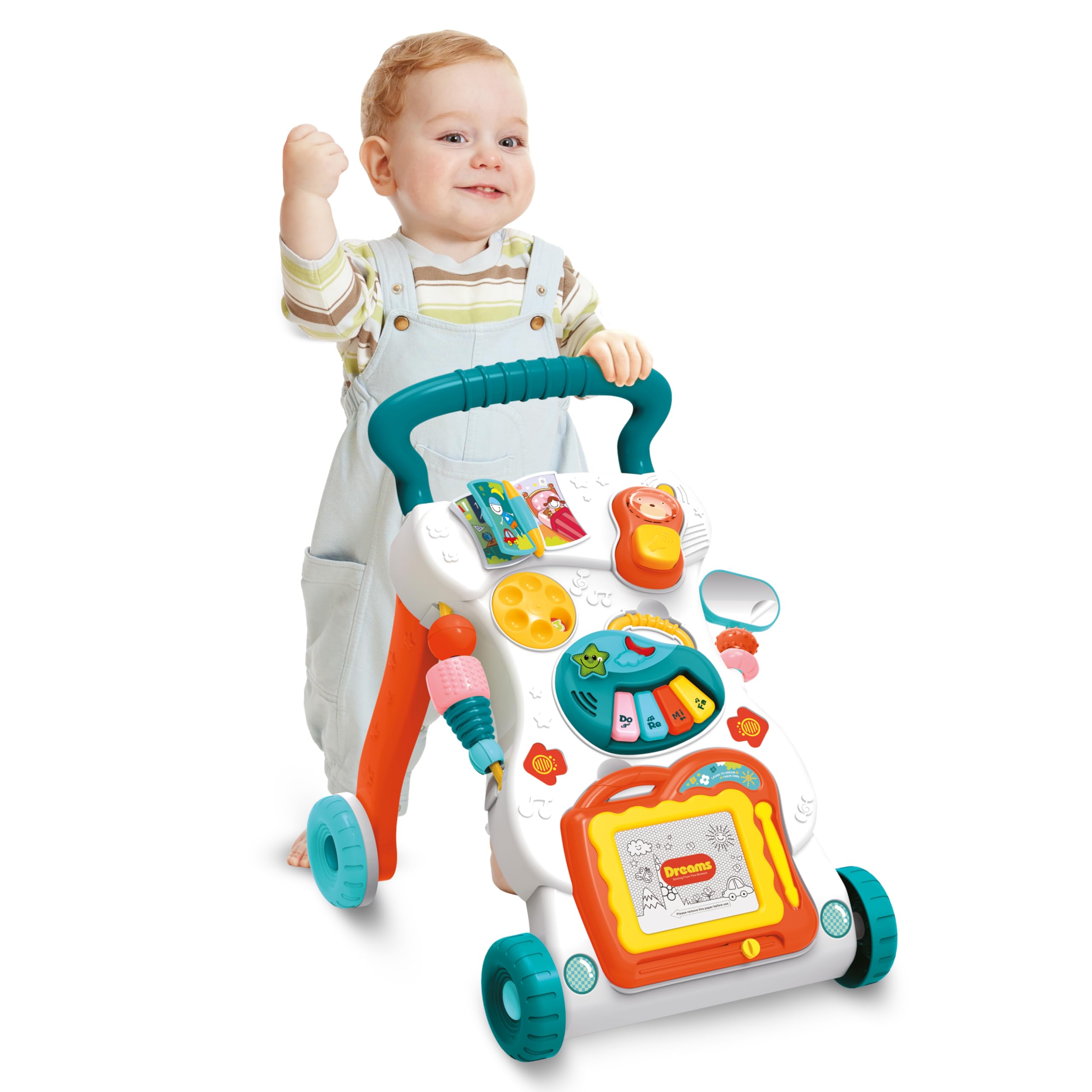 Correpasillos Bebé, Andador Bebé primeros pasos. Ruedas con velocidad regulable. Contiene instrumento musical, Pizarra y juguetes, a partir de 12M+ (BLANCO)