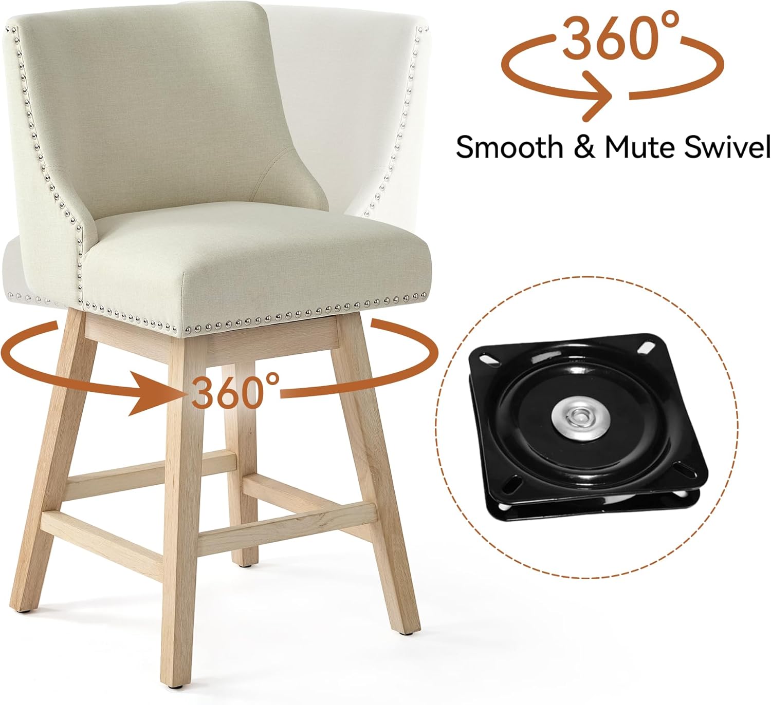 Counter Height Swivel Bar Stools Set of 3, Modern Linen Fabric Swivel Barstools with Back and Wood Legs, Upholstered 26" Seat Height Counter Stools for Kitchen Island, Home Bar, Beige