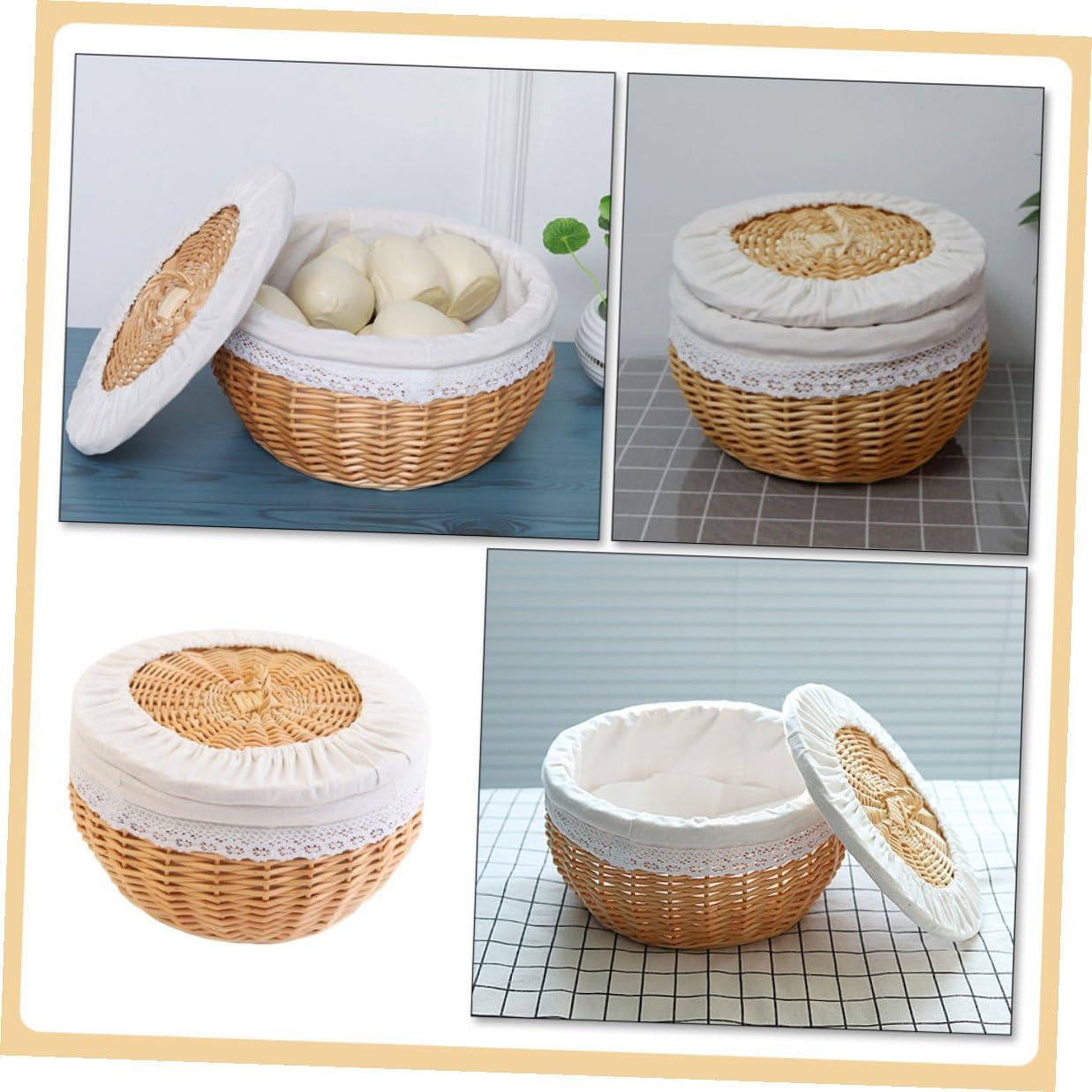 Woven Wood Basket with White Liner Medium 30cm Diameter, Food Storage Basket for Bread Snacks and Fruit, Kitchen Pantry Organizer for Home Dining Table