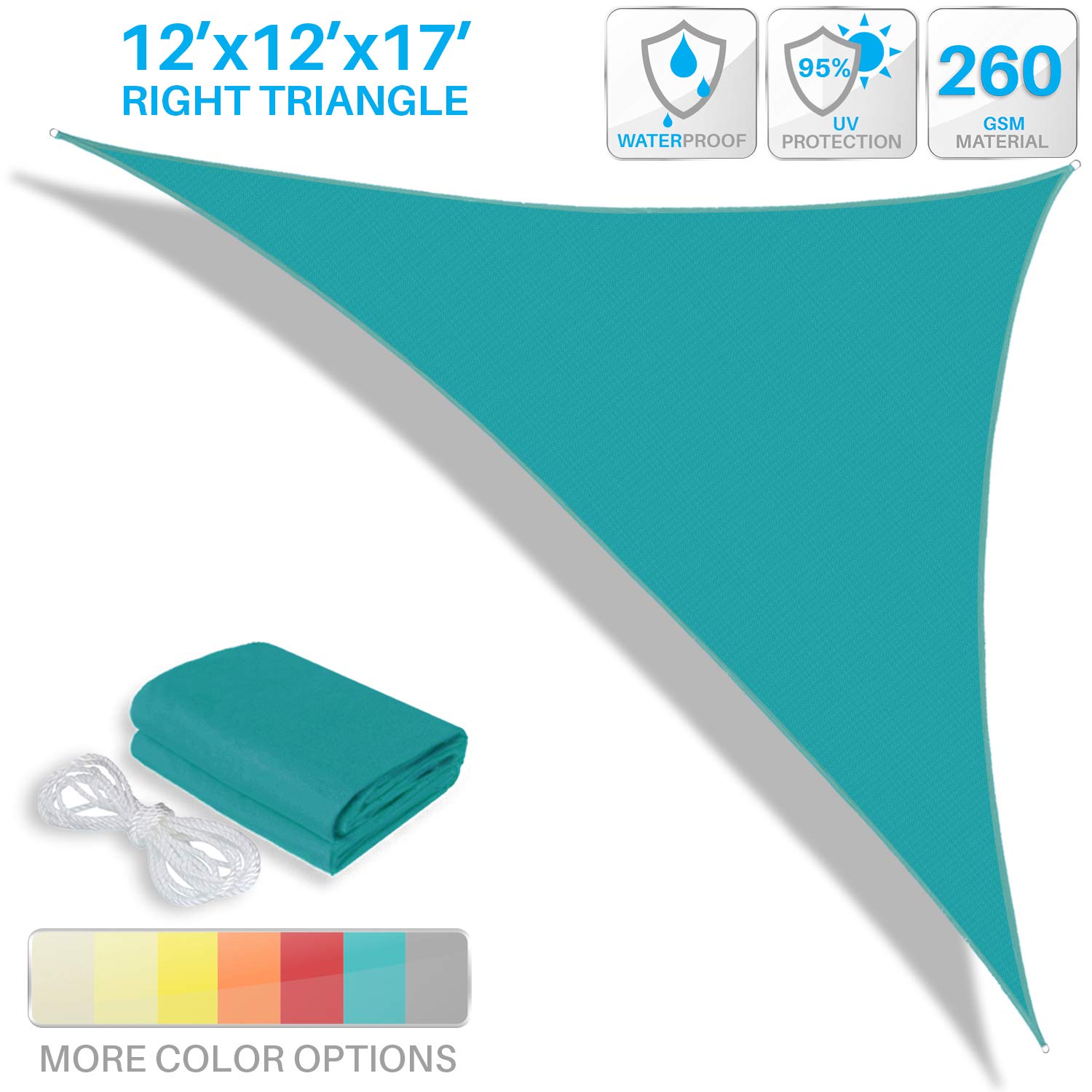Patio Paradise 12' x 12' x 17' Waterproof Sun Shade Sail Right Triangle with Hardware Kit, Shade Canopy UV Block Awning Cloth Outdoor Patio Covers for Garden Backyard Pergola, Turquoise