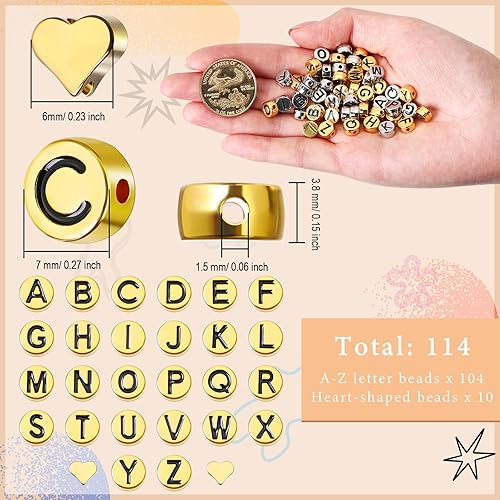 Vista 9 de Sureio 114 cuentas de letras del alfabeto de aleación de 0.315 pulgadas, planas, redondas, con letras de la A a la Z, cuentas espaciadoras sueltas