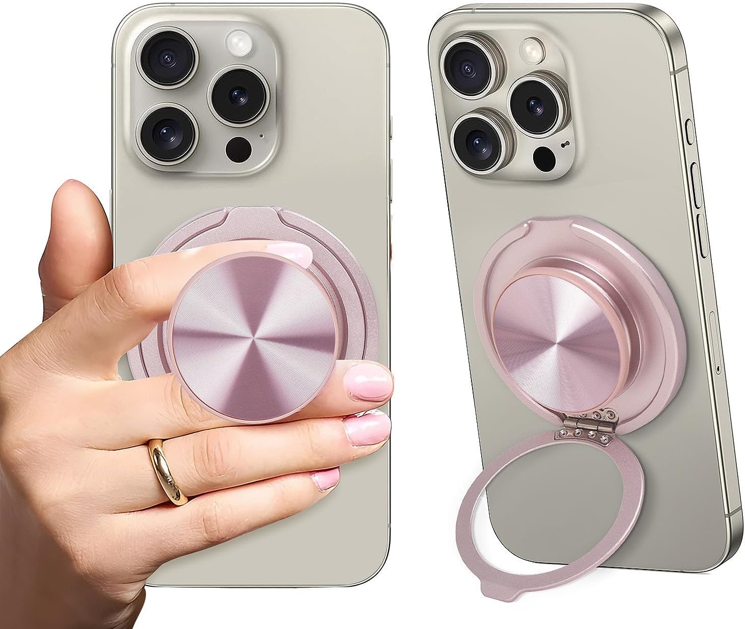LUCKY BEAN Cell Phone Grip for Magnetic with Kickstand, Secure Hold for iPhone Magnetic Cases, Adjustable Foldable Desktop Phone Holder Cradle Dock Compatible (Pink Stainless Steel)