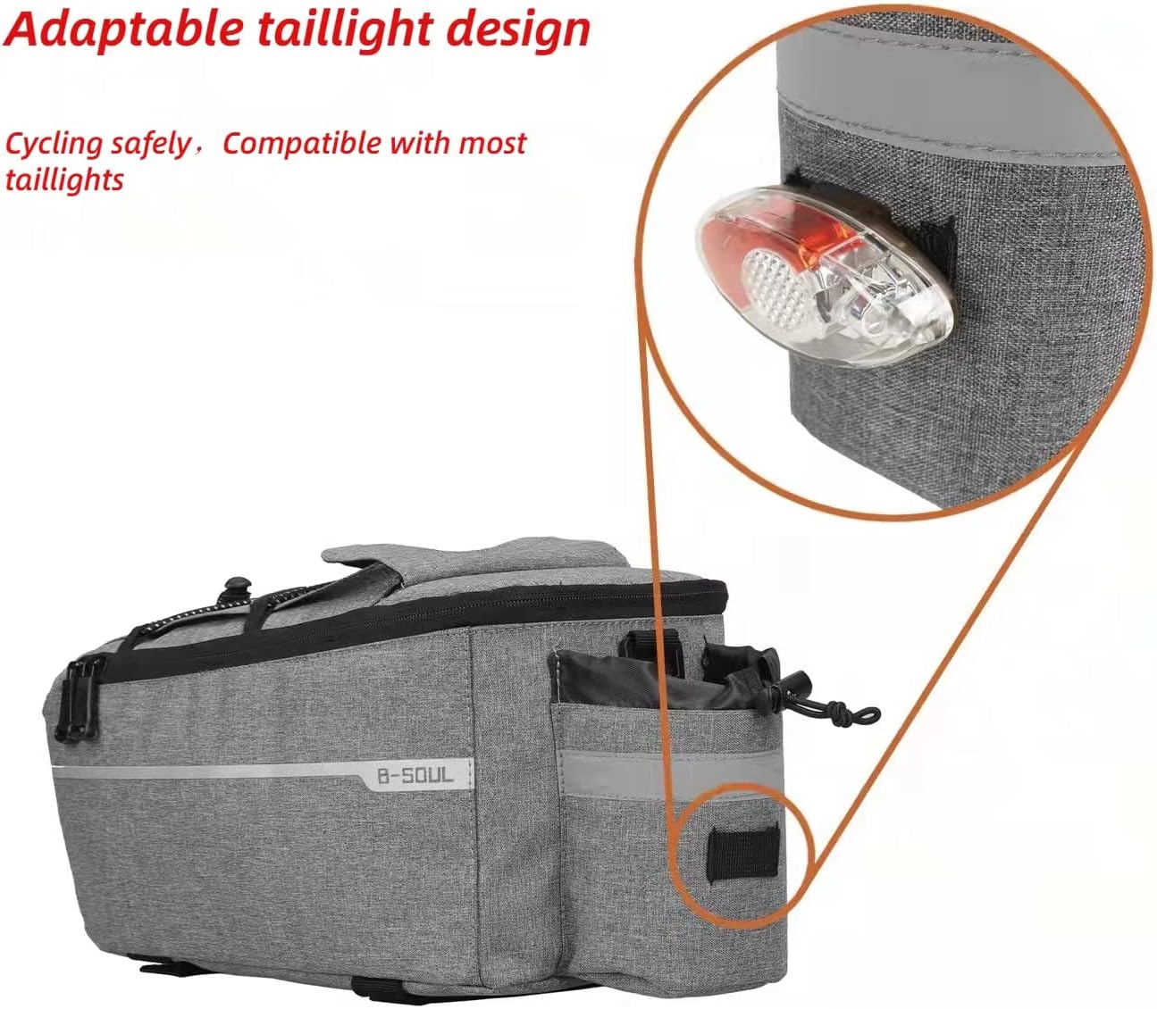 ZTZ Bike Rack Bag, Bicycle Rear Rack Storage Luggage, 8L Insulated Trunk Bag, Waterproof with Reflective Stripes (Grey) - Image 3