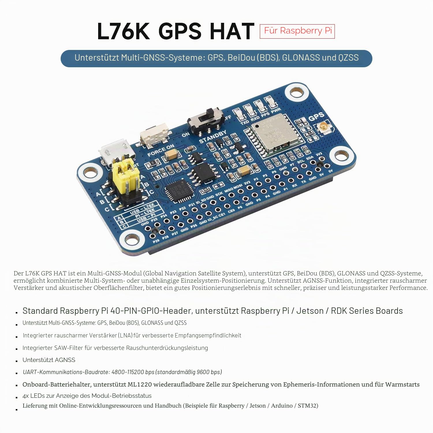 Waveshare L76K GPS HAT for Raspberry Pi, GPS/BeiDou (BDS) / GLONASS/QZSS Support