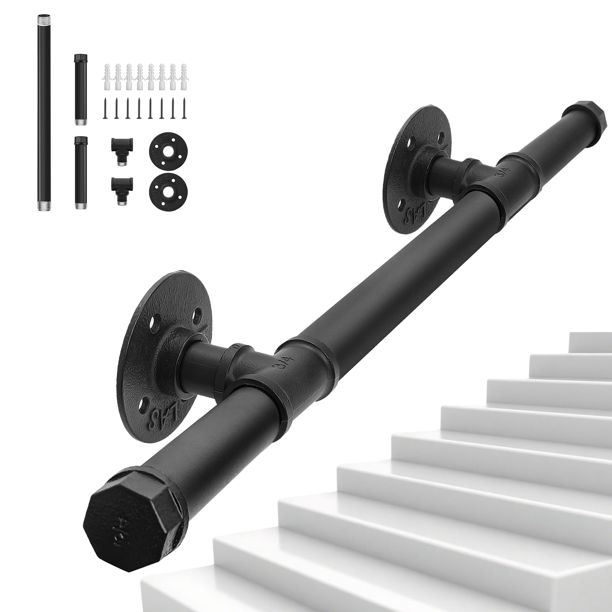 OUUTMEE Mango de 100cm Negro Hierro Forjado Mango de pared Calibre: ø25 mm, adecuado para interiores y exteriores, barandilla de escalera, con soporte de pared y tapas de extremo