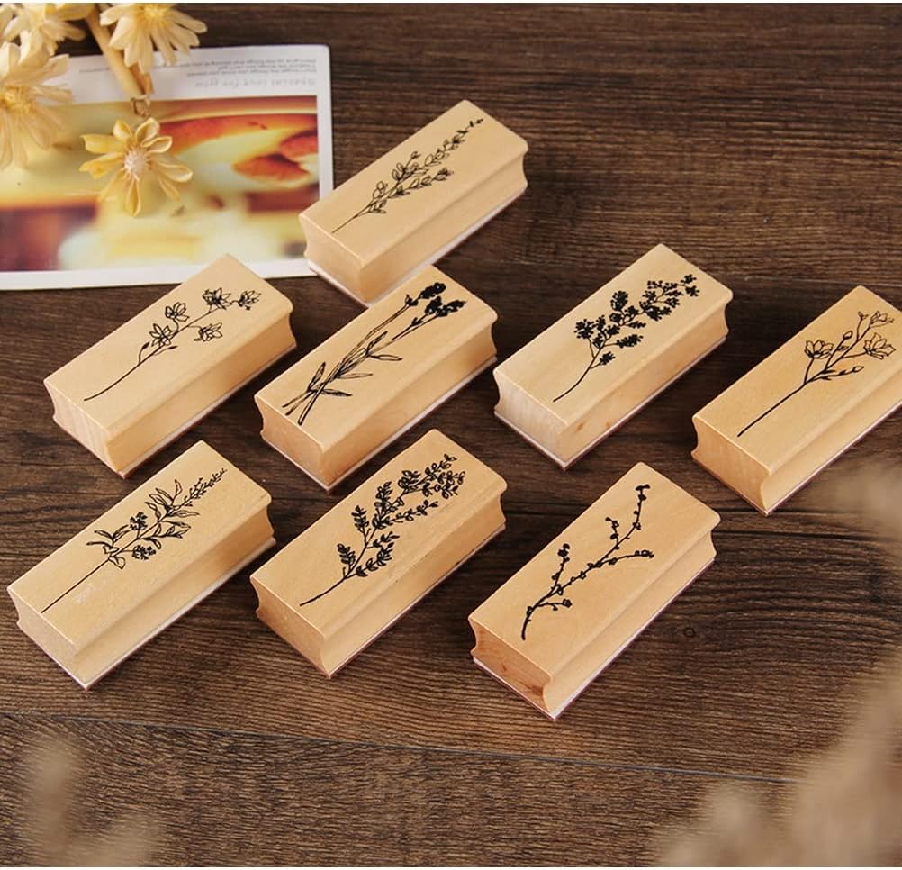 8 Pieces Wood Mounted Rubber Stamps,Plant & Flower Decorative Wood Rubber Stamp for DIY Craft, Journals,Letters Diary and Scrapbooking