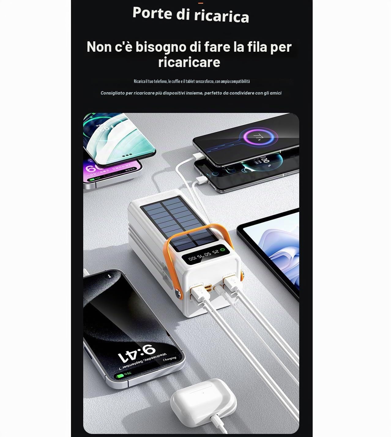 Power Bank Portatile 100000mAh 120W PD 20W Powerbank con Batteria da Carica Grande Capacità 5 Uscite 2 Ingressi Energia Solare con Doppio Cavo di Ricarica Rapida per iPhoneiPad Campeggio (Bianco)