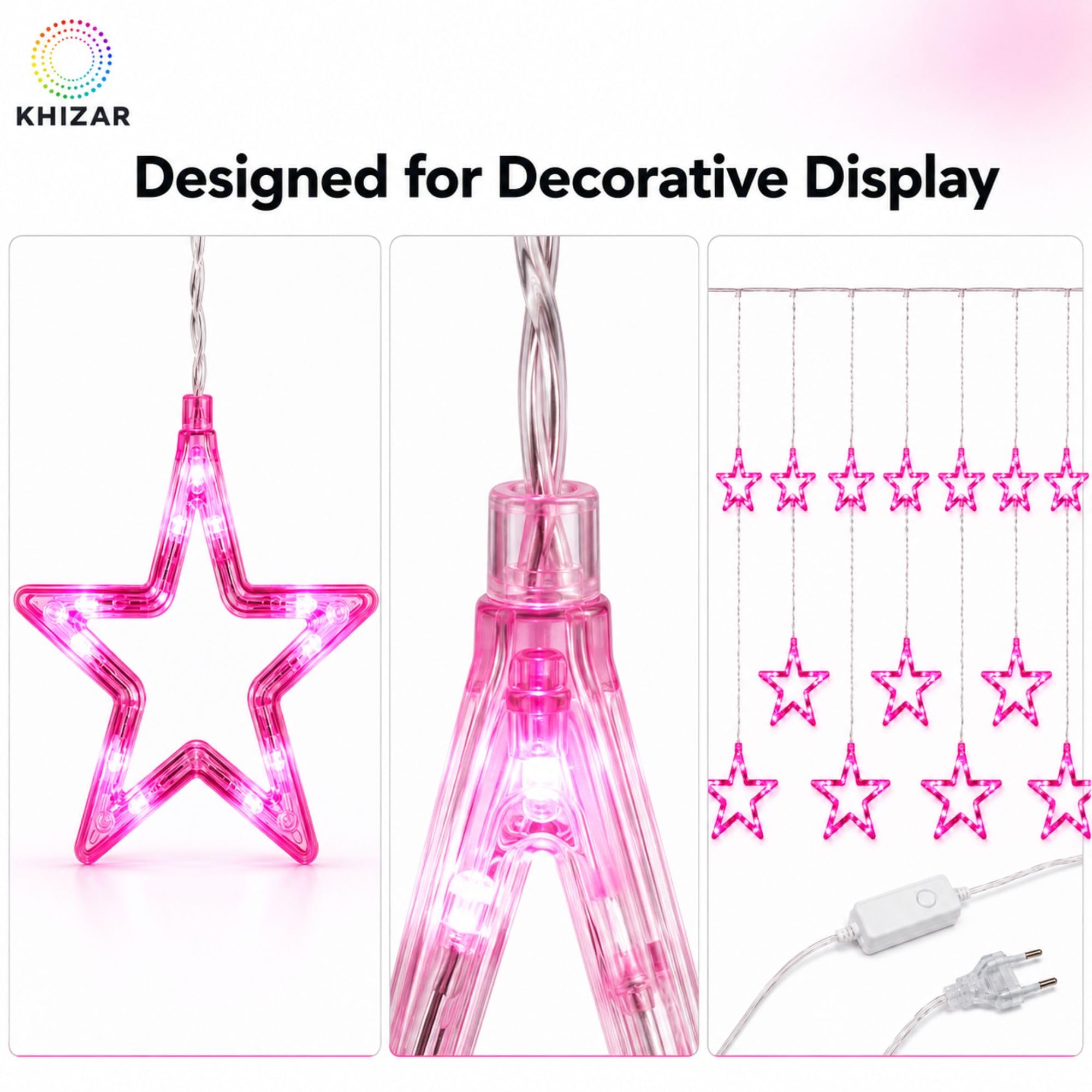KHIZAR 6+6 Star Curtain LED Light, Pink, Plug-in, 8 Lighting Modes for Window, Bedroom, Balcony and Festival Décor 2
