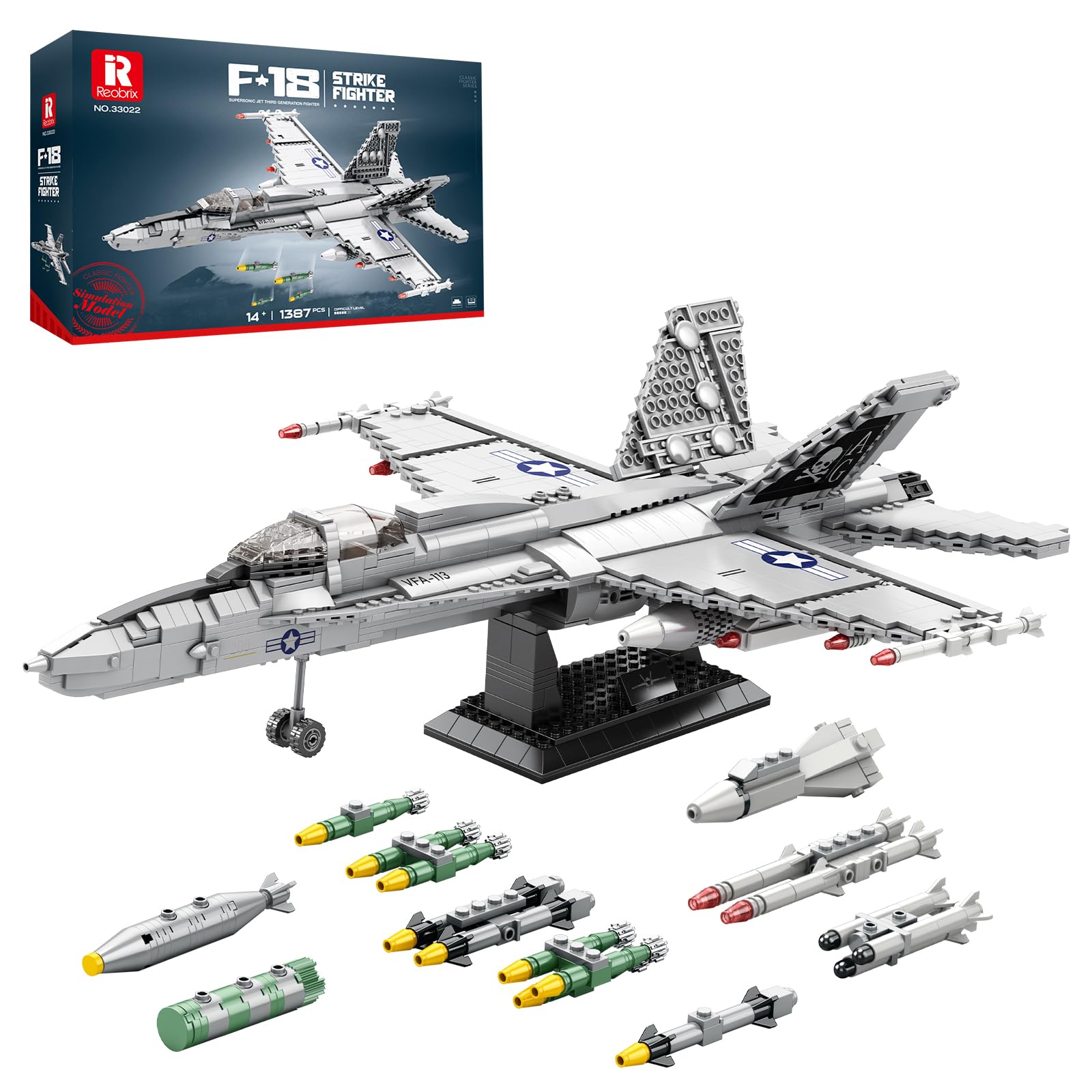 Reobrix F-18 Hornisse Kampfjet Baustein Modellbau Set für Erwachsene 33022 | Militärflugzeug Klemmbausteine, Deko-Objekt mit Ständer, Sammlerstück für Luftfahrt-Fans, Geschenk ab 14 Jahren, 1387 Teile