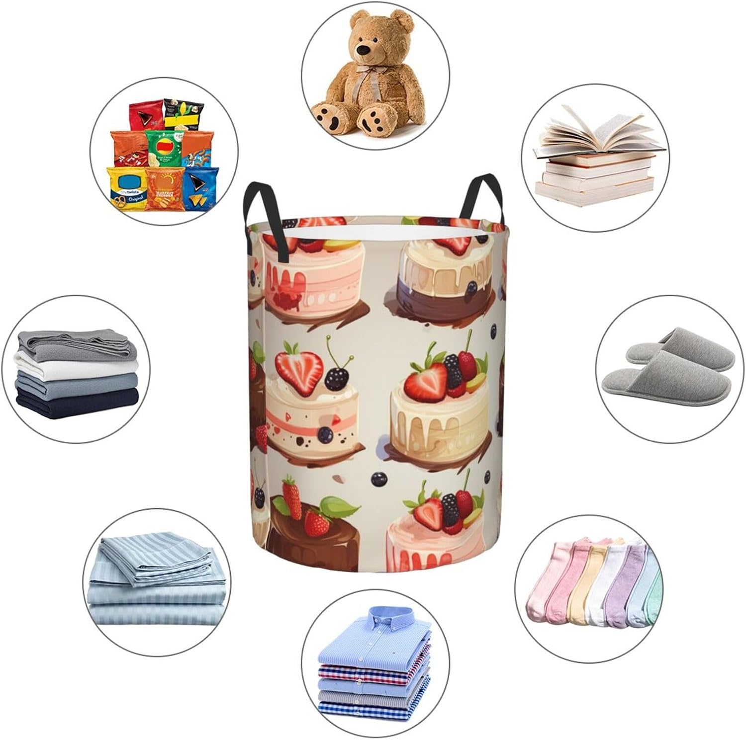 Fruit Cakes Print Laundry Hamper Circular Laundry Basket Round Foldable Storage Basket Dirty Clothes Organizer Storage Bin With Handles For Office Living Room Bathroom Car image 4