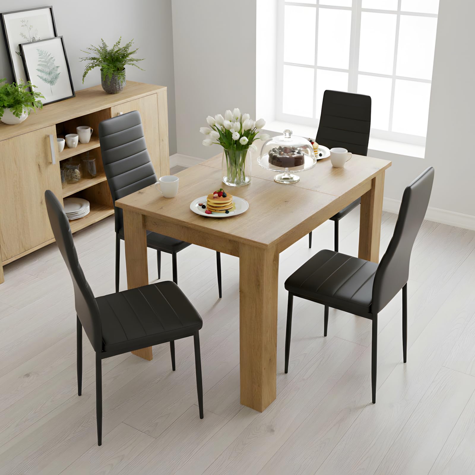 Ensemble Table à Manger Extensible 90-125 cm avec 4 Chaises, Ensemble Table et Chaises en Similicuir, Gain de Place, pour Petit Espace Cuisine Salle à Manger et Salon (Chêne + Noir)